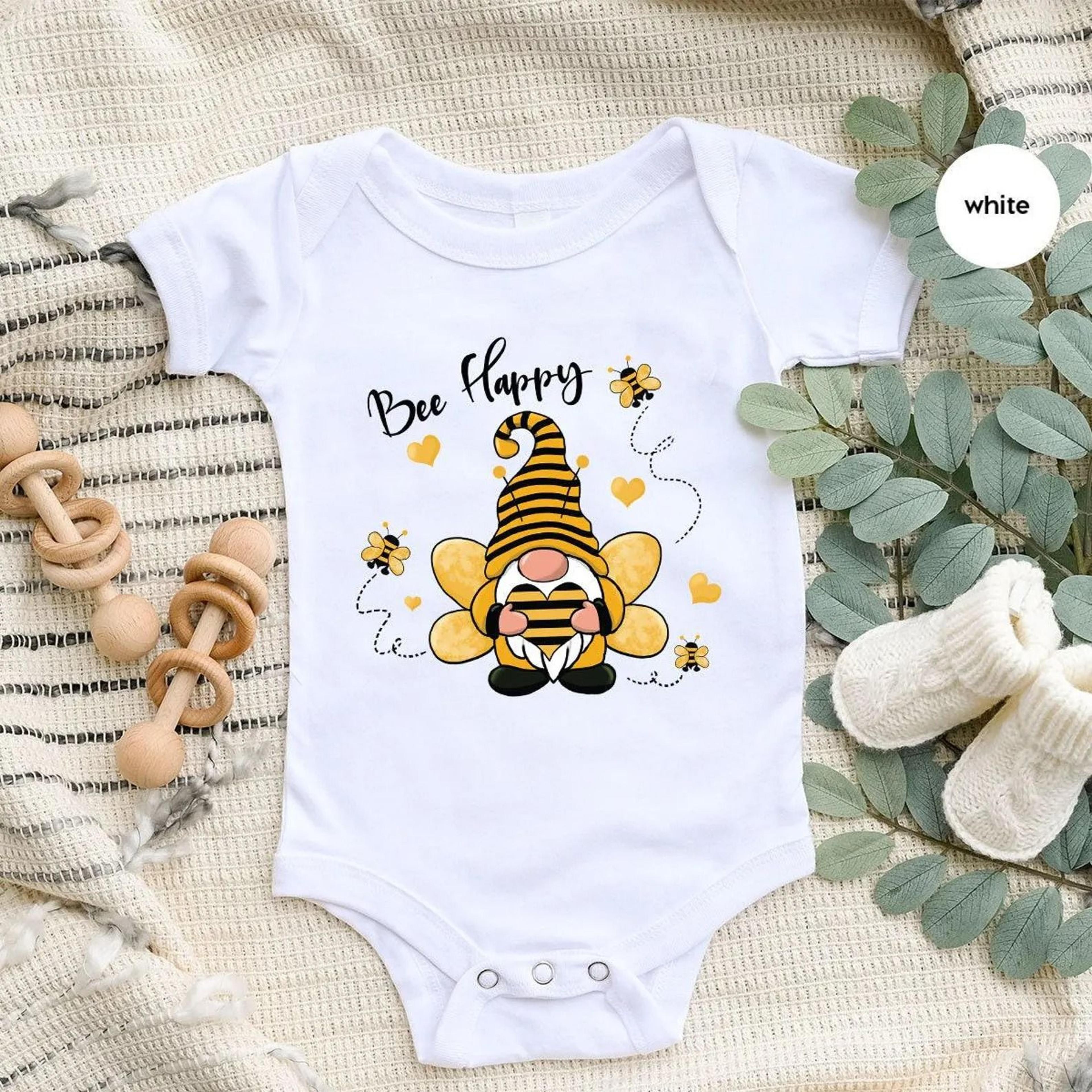 bee happy baby romper, cute bee gnome baby bodysuit, baby t-shirt, bumble bee baby outfit, baby shower gift, spring baby