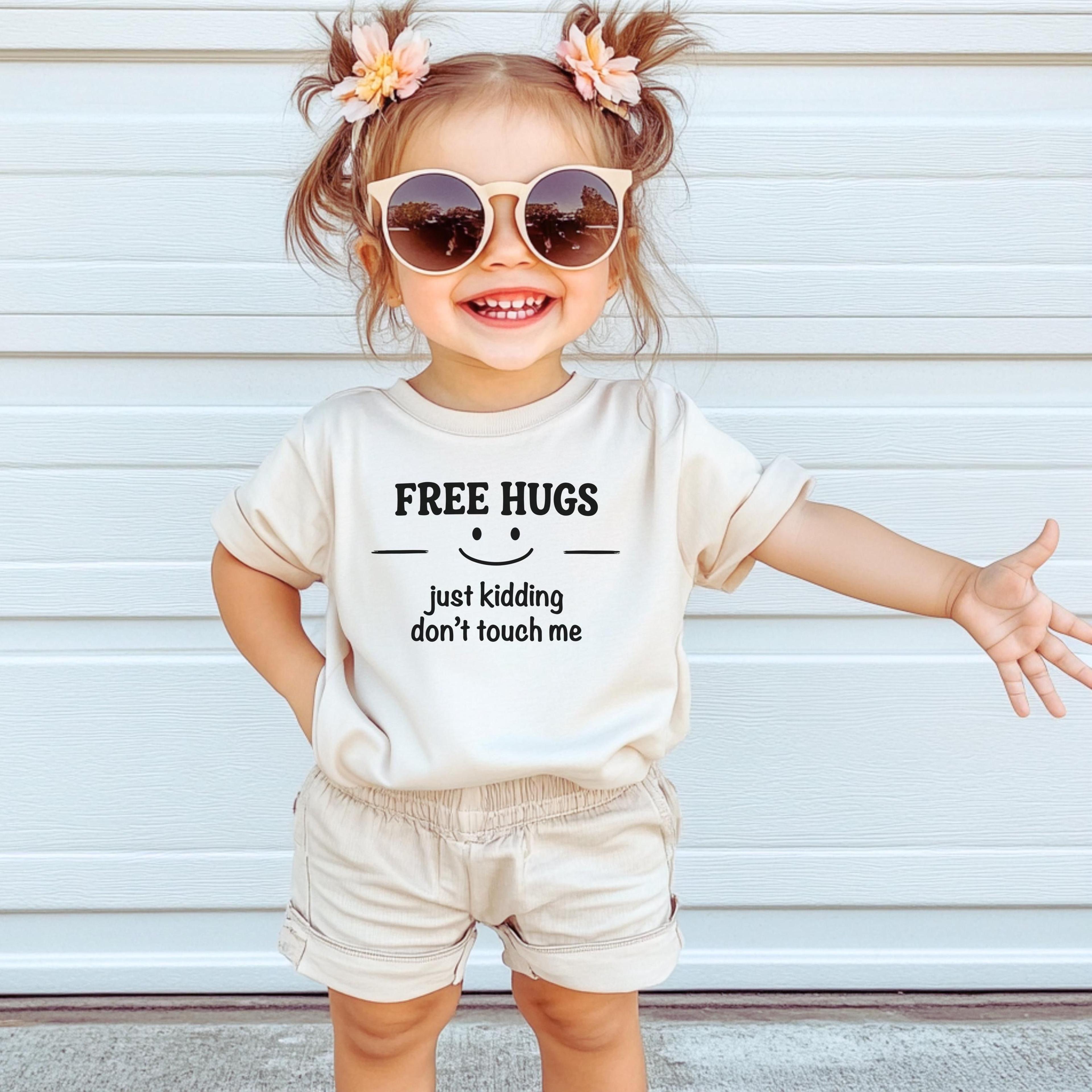 free hugs just kidding don't touch me baby romper, funny baby bodysuit, introvert baby outfit, baby shower gift