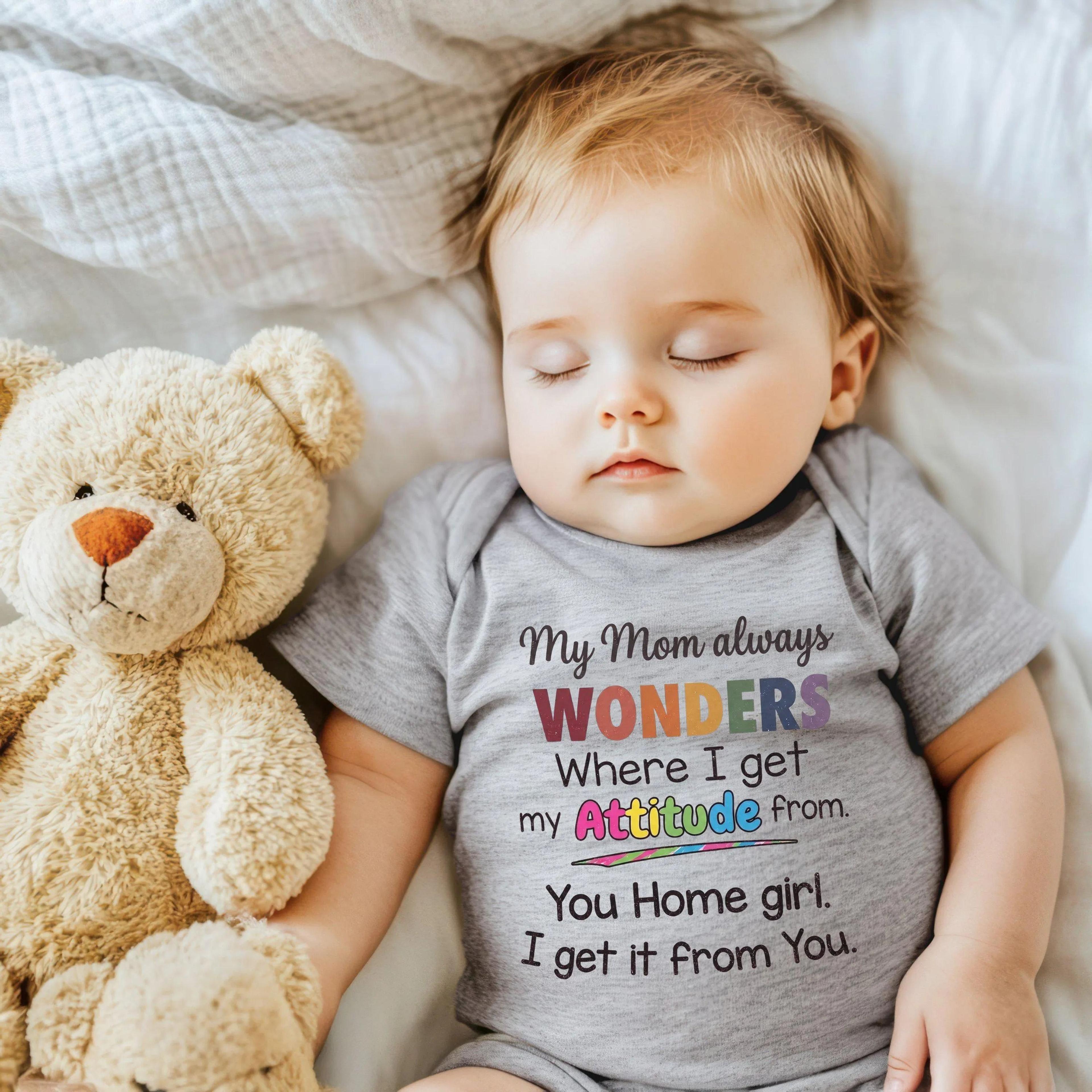 my mom always wonders where i get my attitude from baby bodysuit, funny baby onesie, sassy baby outfit, baby shower gift