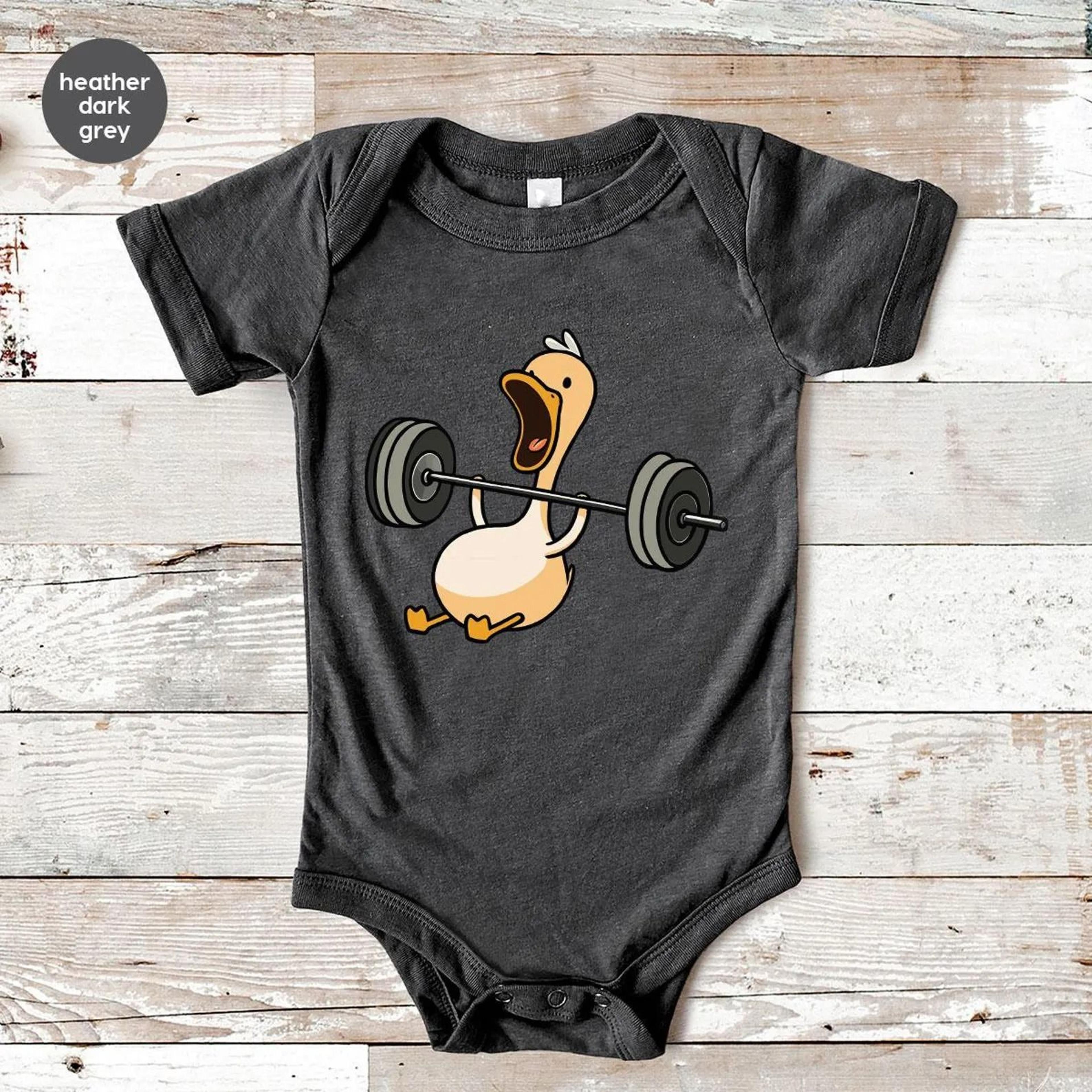 funny weightlifting goose baby bodysuit, strong goose baby romper, cute gym baby onesie, animal infant outfit, baby show