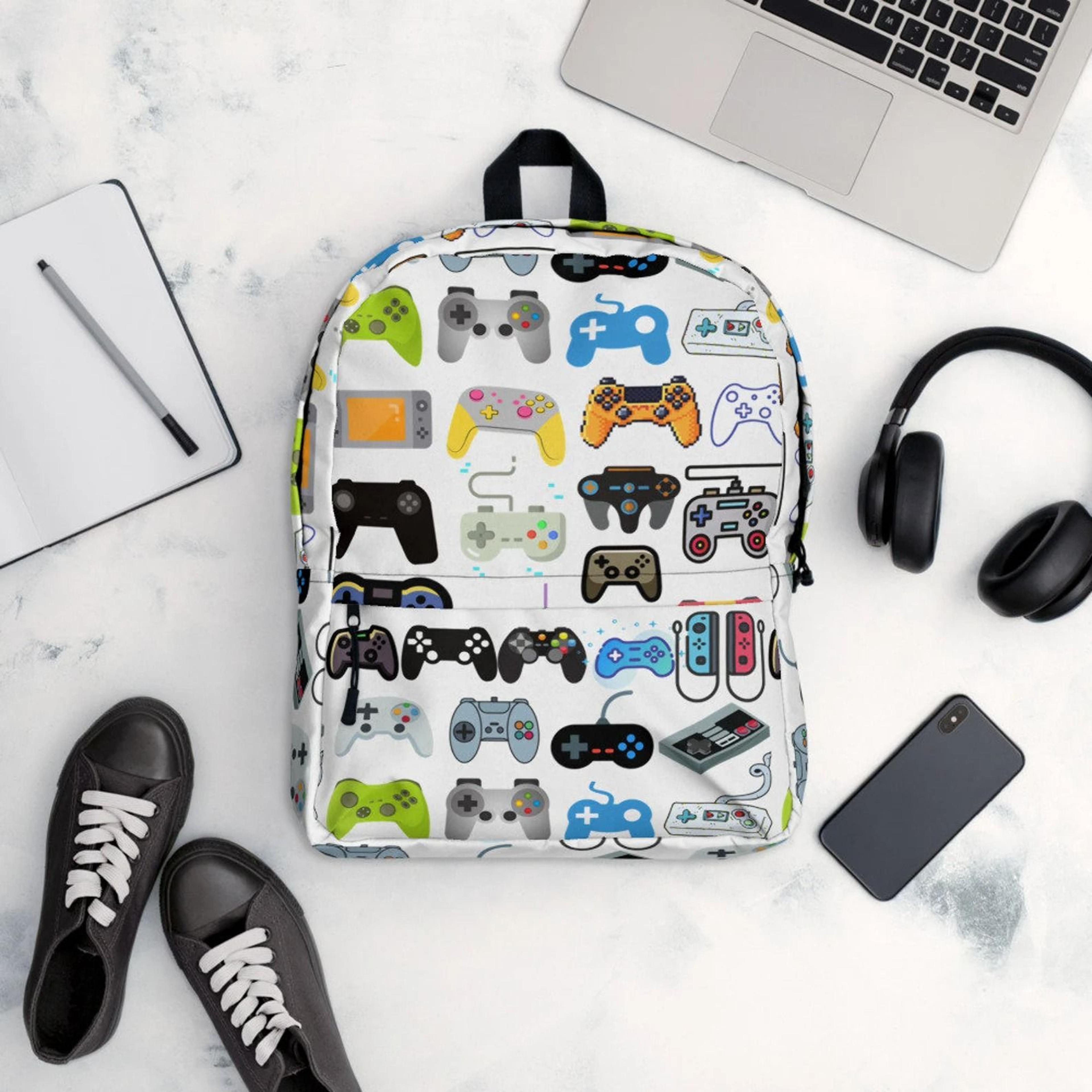 retro gaming kids backpack, personalized console controller school backpack, colorful video game bookbag for boys girls