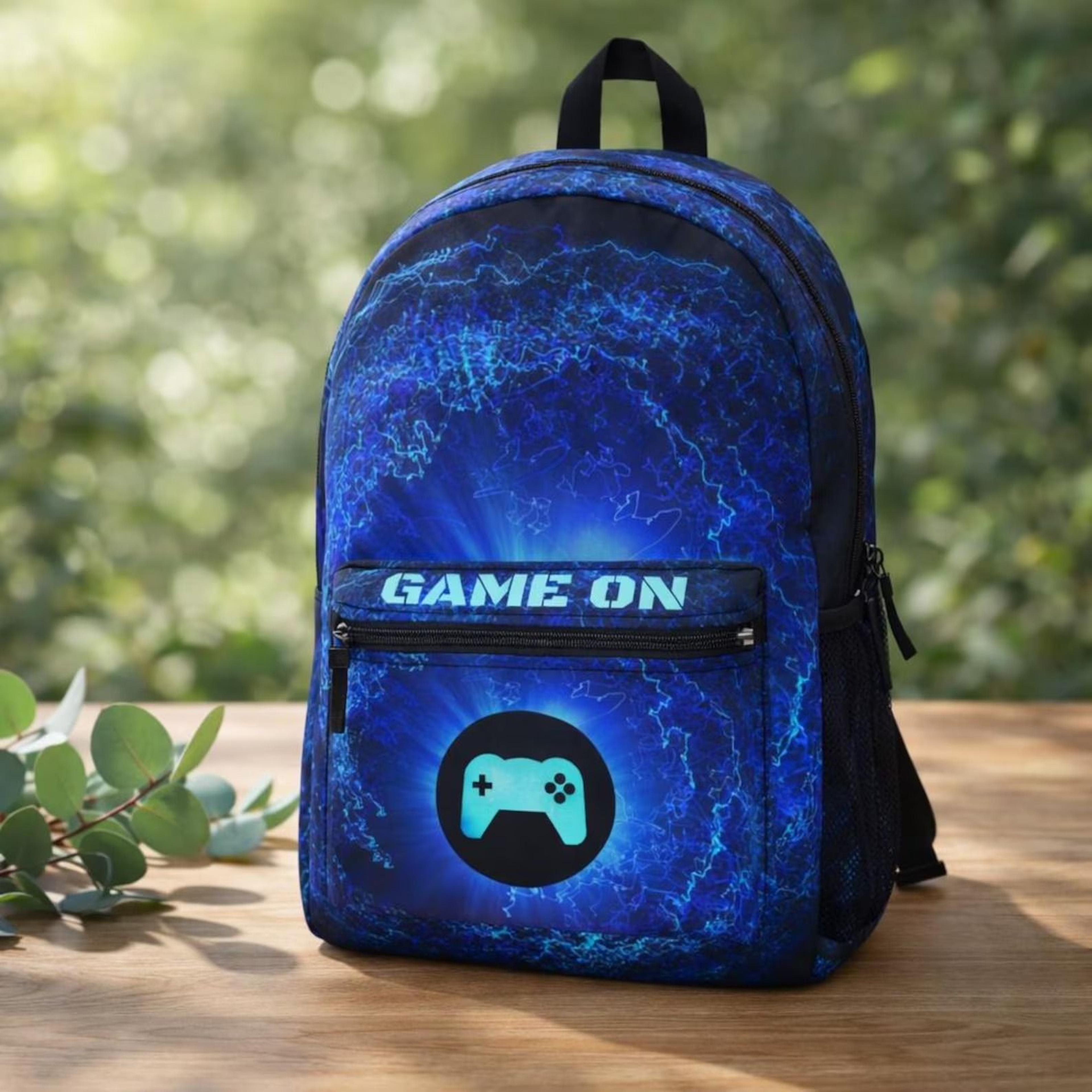 blue gamer kids backpack, personalized game on school backpack, electric gaming controller bookbag for boys girls