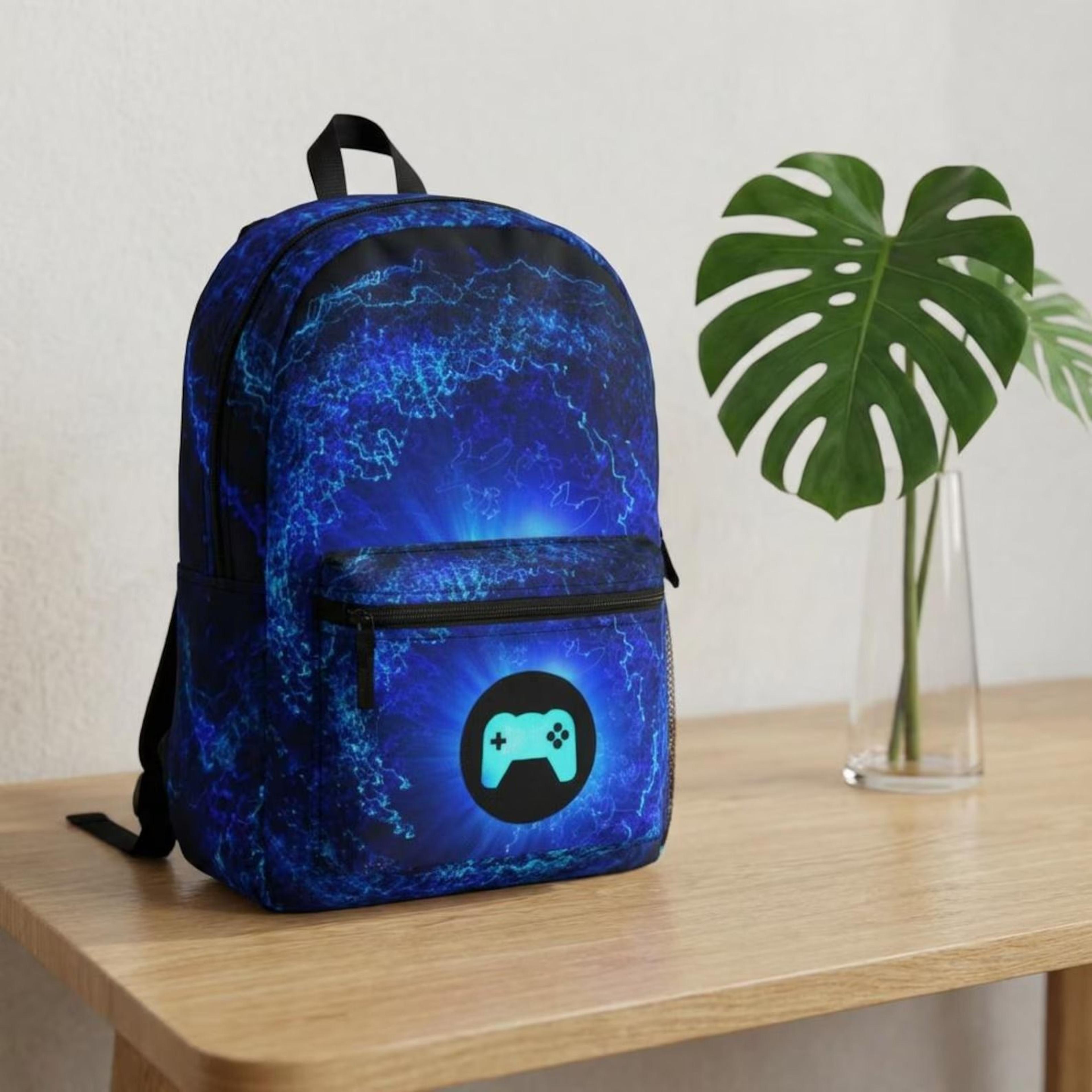 electric blue gamer kids backpack, personalized gaming controller school backpack, futuristic video game bookbag for boy