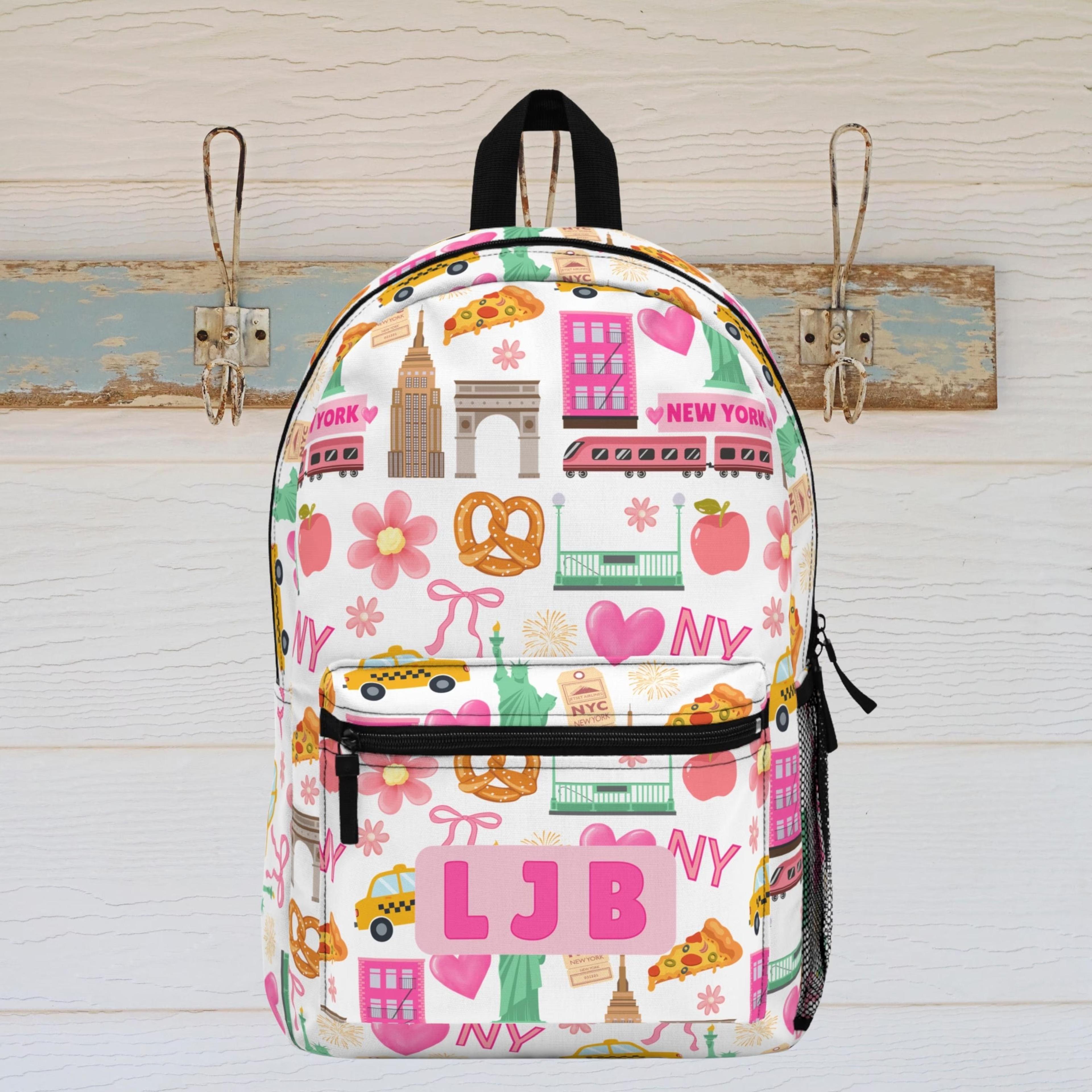 personalized new york kids backpack, nyc school backpack, pink travel backpack for girls, custom city bookbag