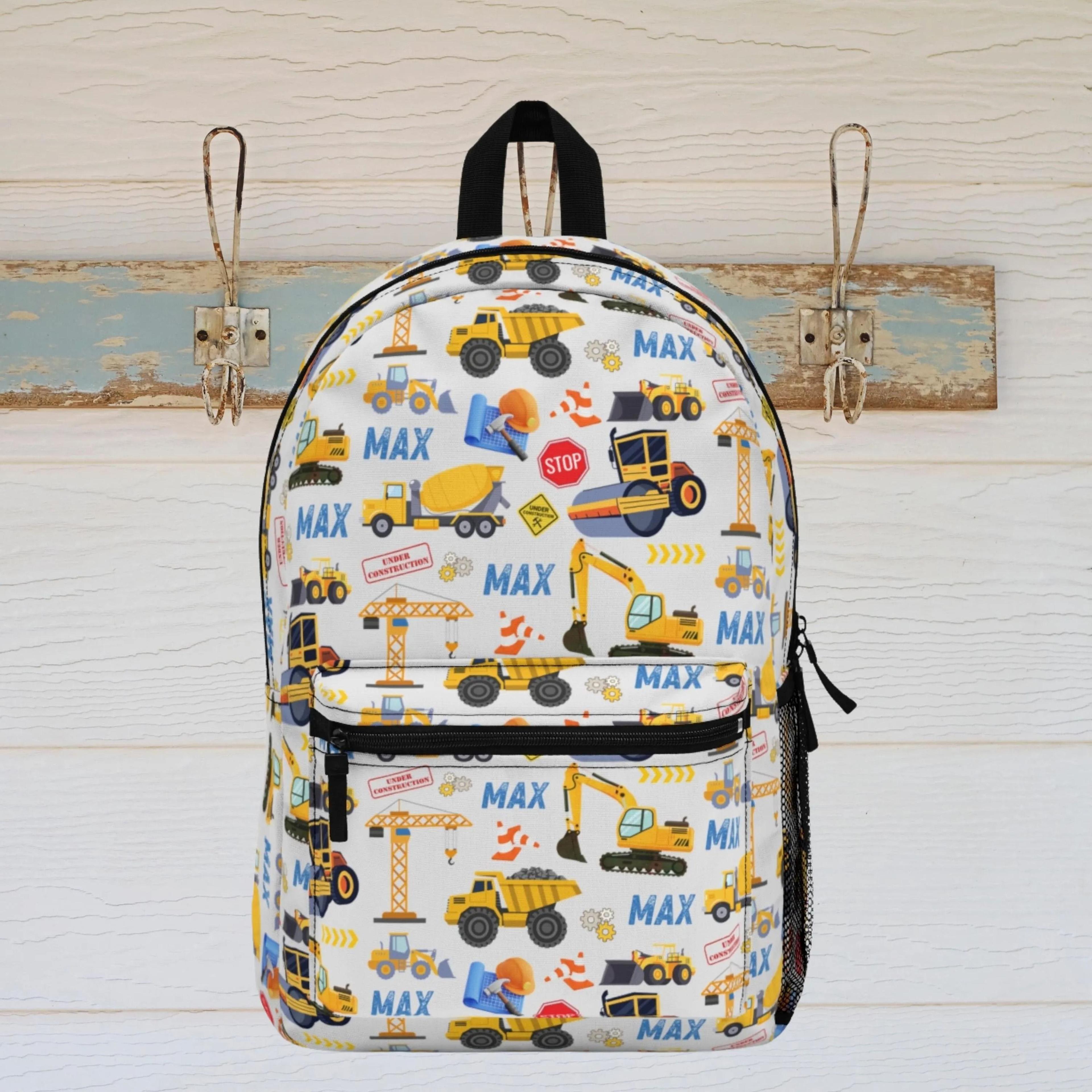 personalized construction kids backpack, custom dump truck school backpack, excavator bookbag for boys, builder backpack