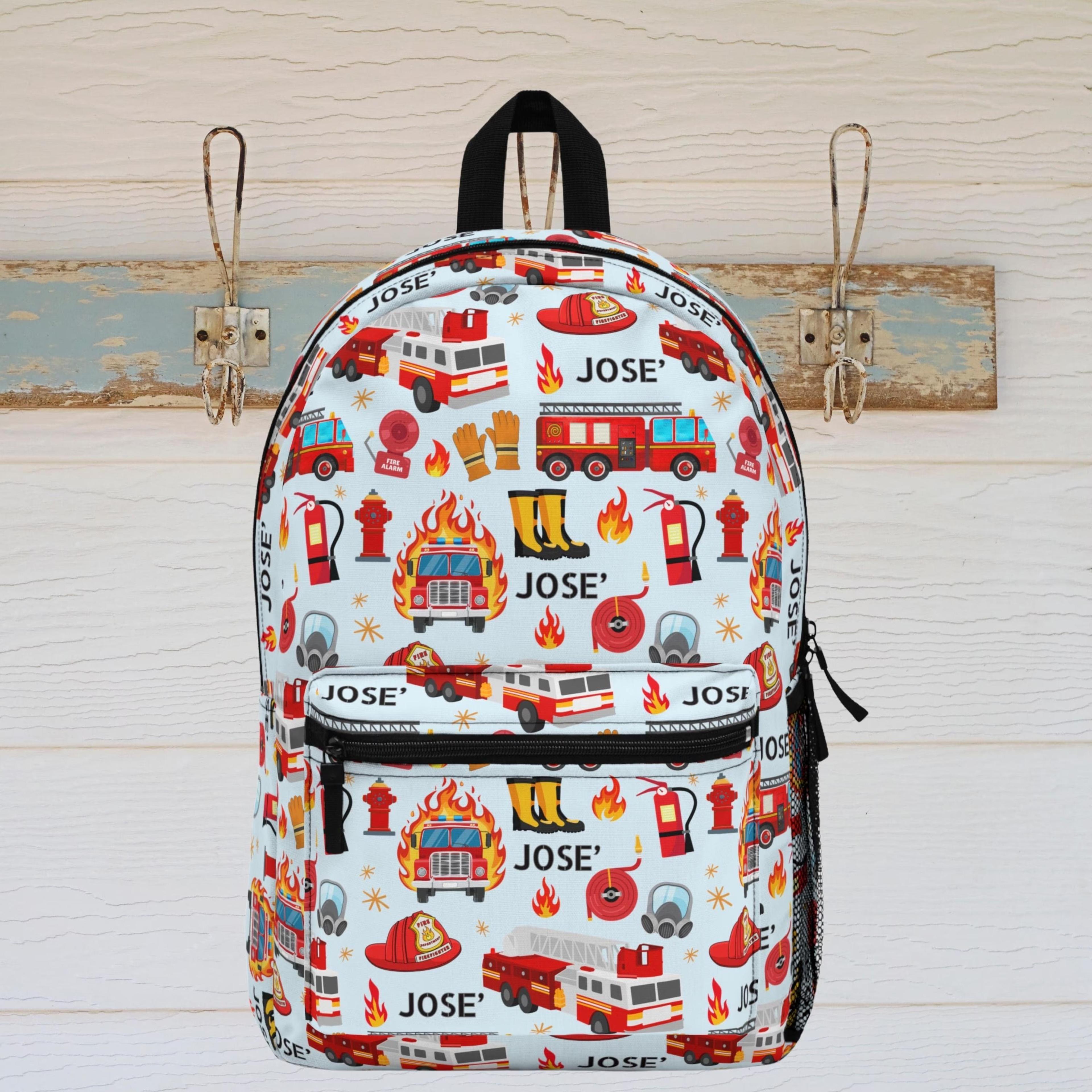 personalized firefighter kids backpack, custom fire truck school backpack, rescue vehicle bookbag for boys, fireman back