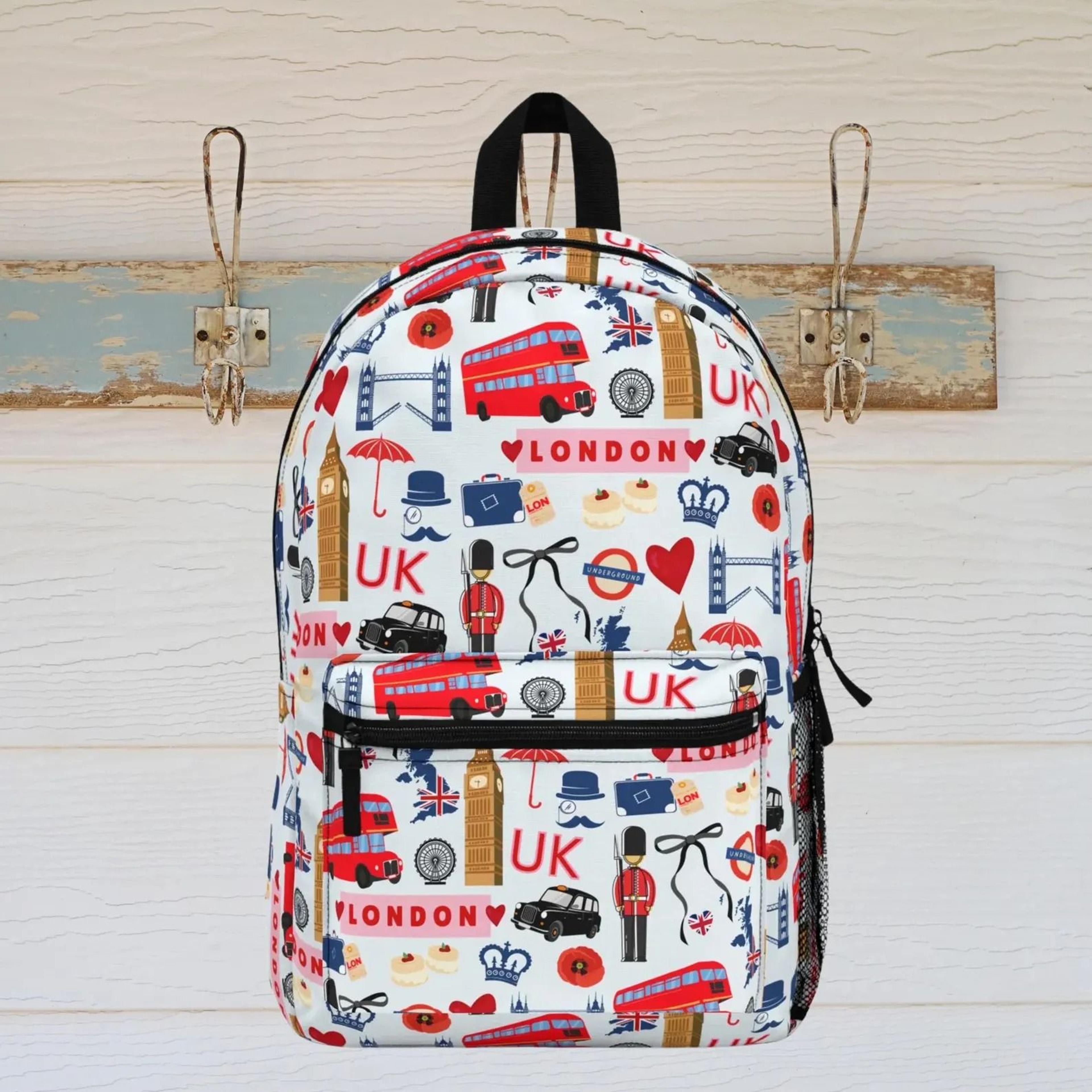 personalized london kids backpack, uk travel school backpack, british landmark bookbag for boys girls, england backpack