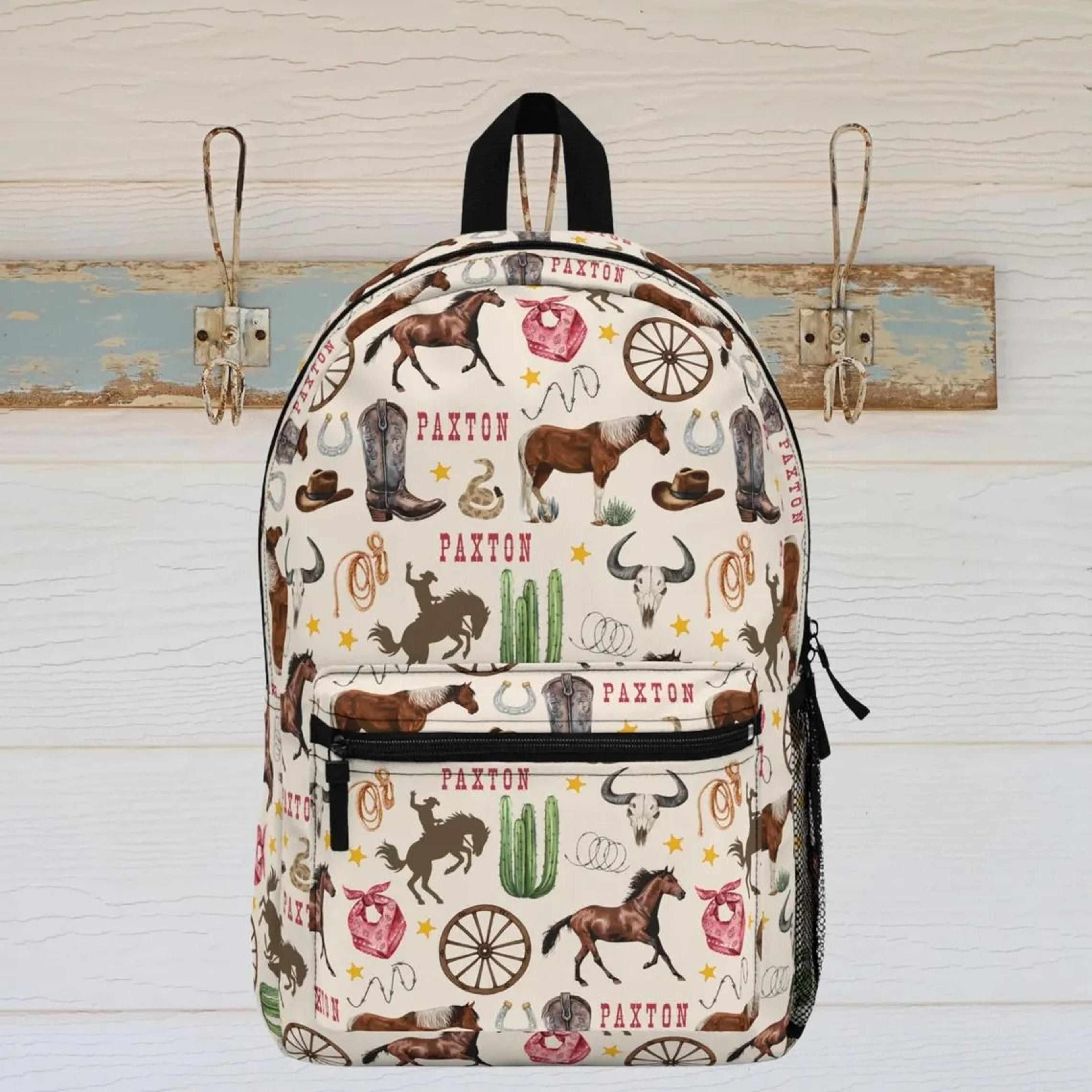personalized cowboy kids backpack, western horse school backpack, rodeo bookbag for boys girls, cowgirl backpack