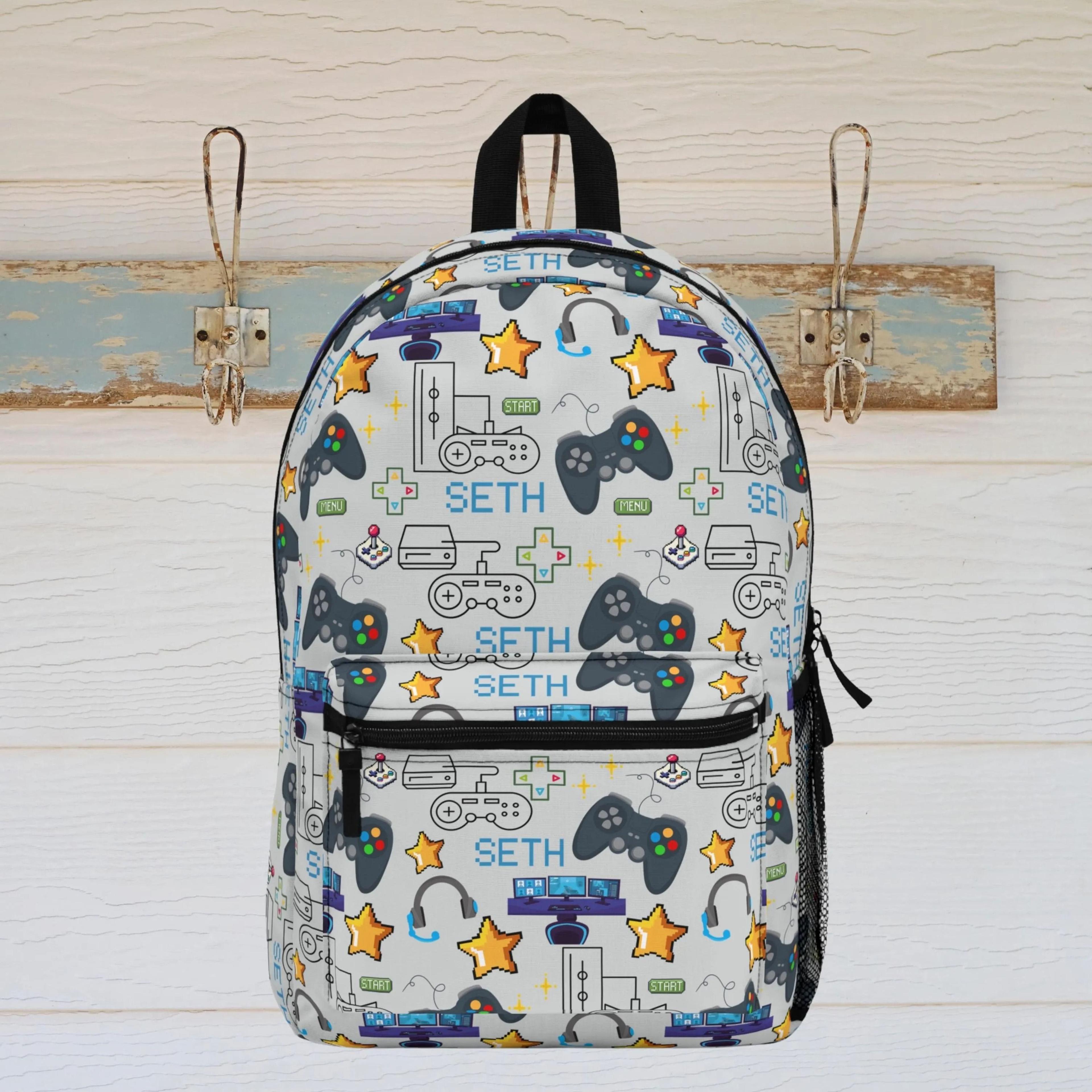 personalized gamer kids backpack, retro gaming console school backpack, video game controller bookbag for boys girls