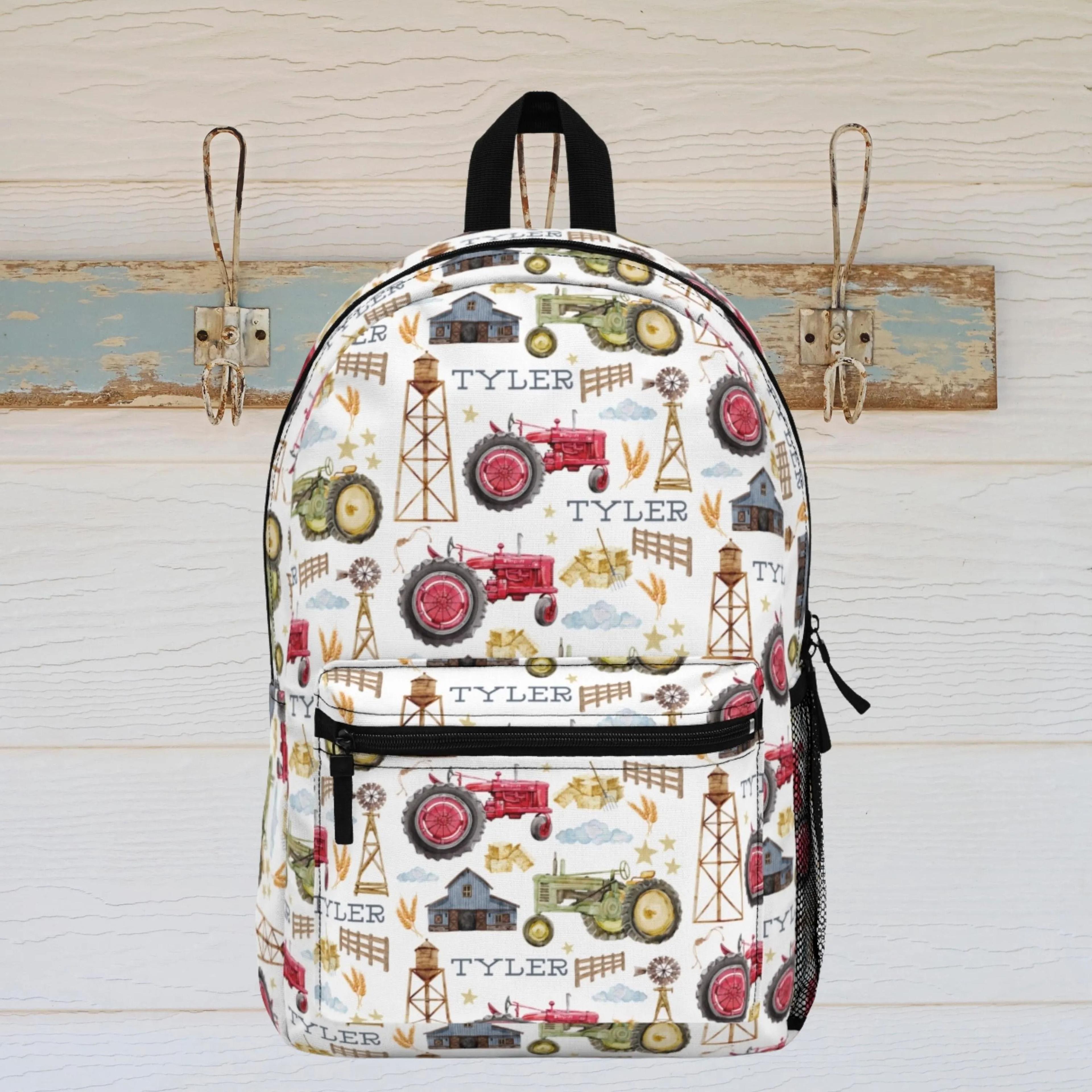 personalized tractor kids backpack, farm school backpack, vintage tractor bookbag for boys girls, country farm backpack