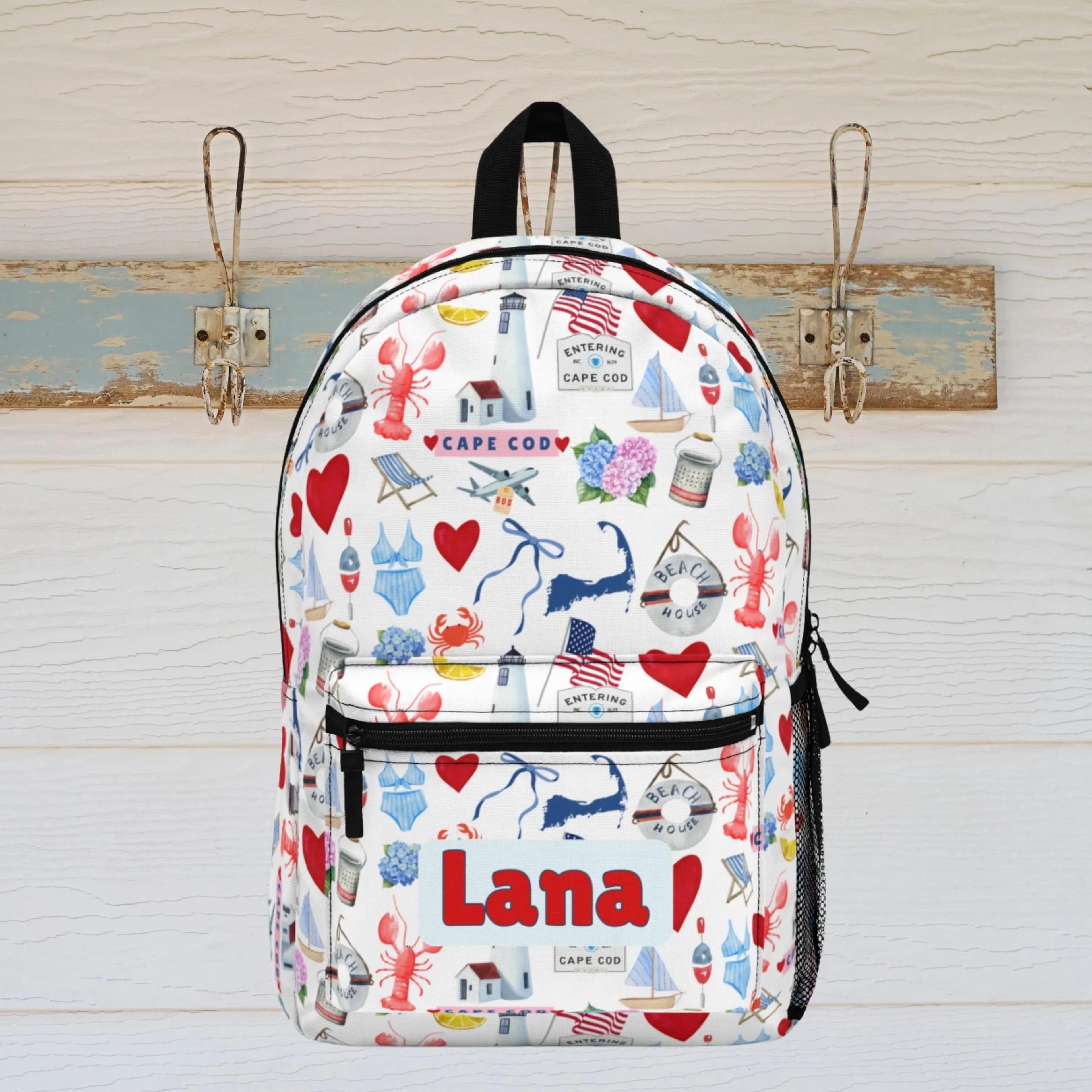 personalized cape cod kids backpack, coastal beach school backpack, nautical bookbag for boys girls, summer travel bag