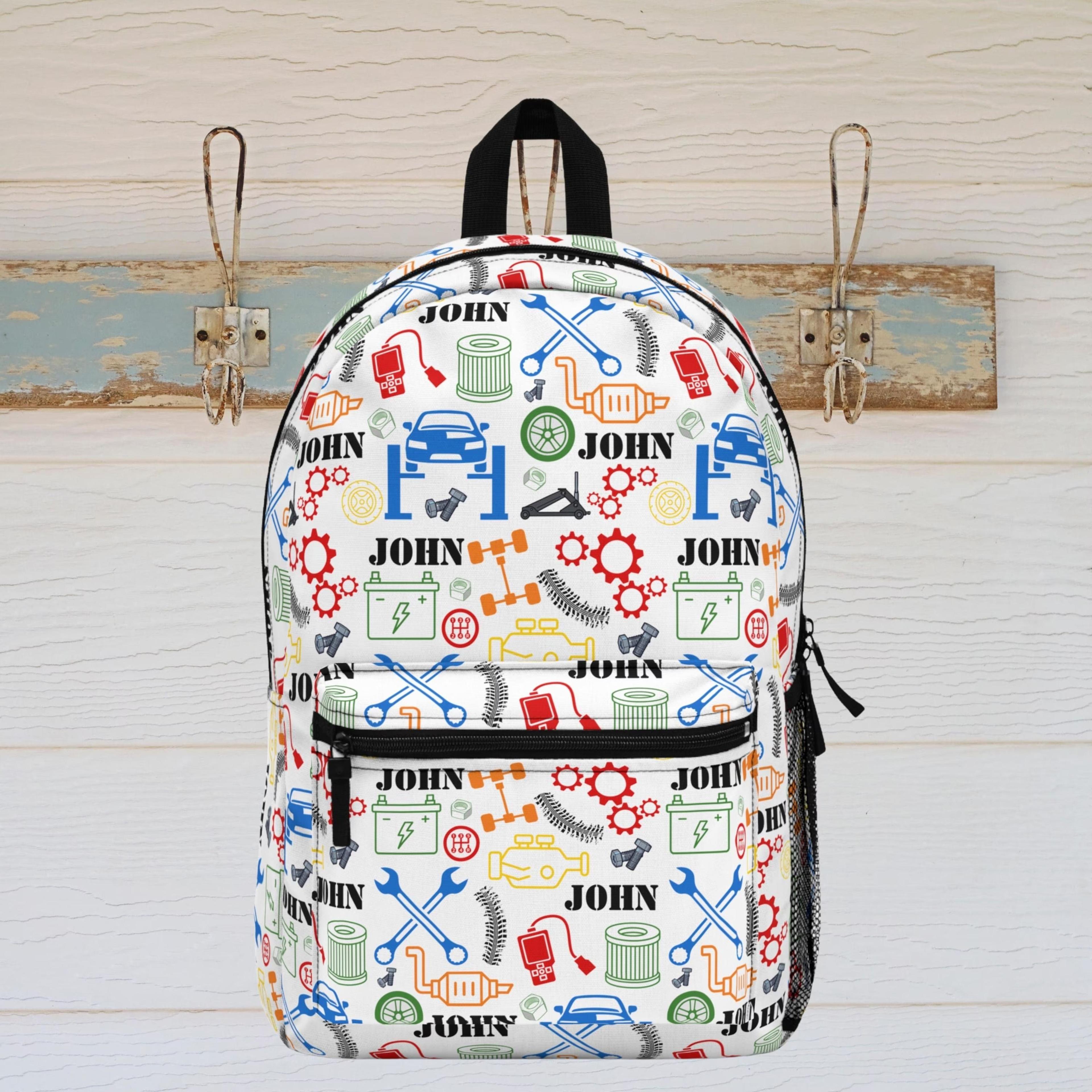 personalized mechanic kids backpack, auto repair school backpack, car tools bookbag for boys girls, automotive backpack