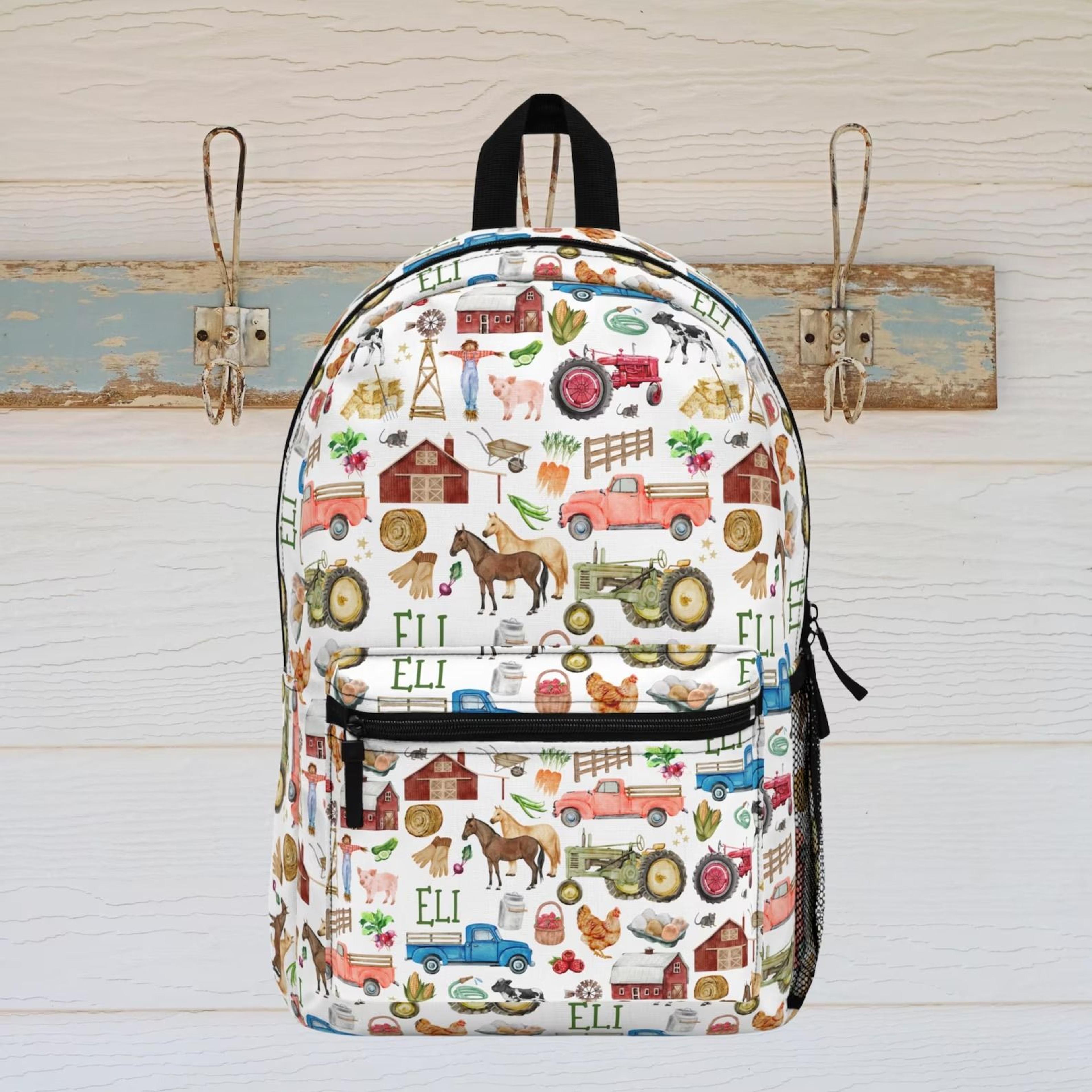 personalized farm kids backpack, farm animals school backpack, barnyard bookbag for boys girls, country farm backpack