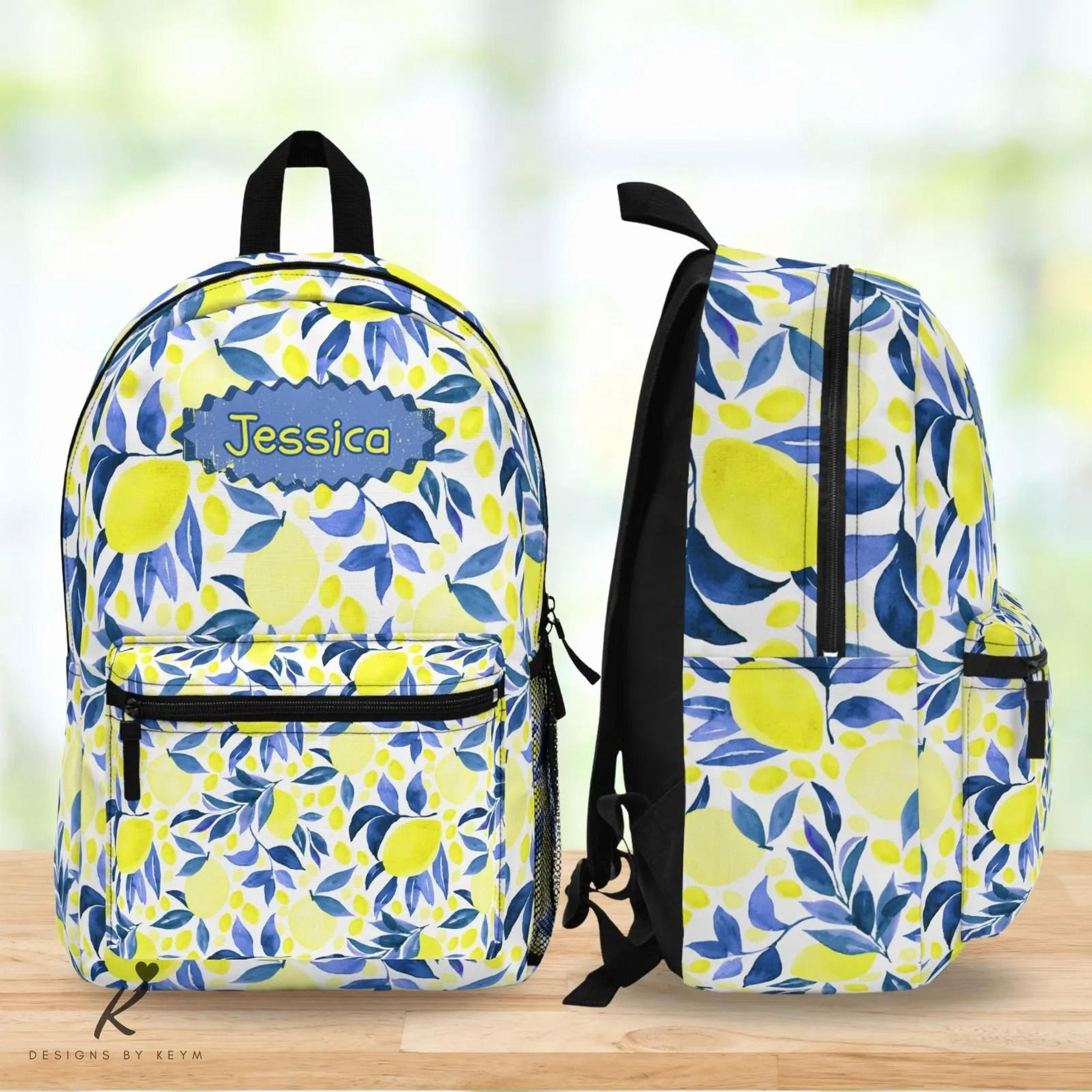 personalized lemon kids backpack, custom name school backpack for girls, cute citrus bookbag, lemon print backpack
