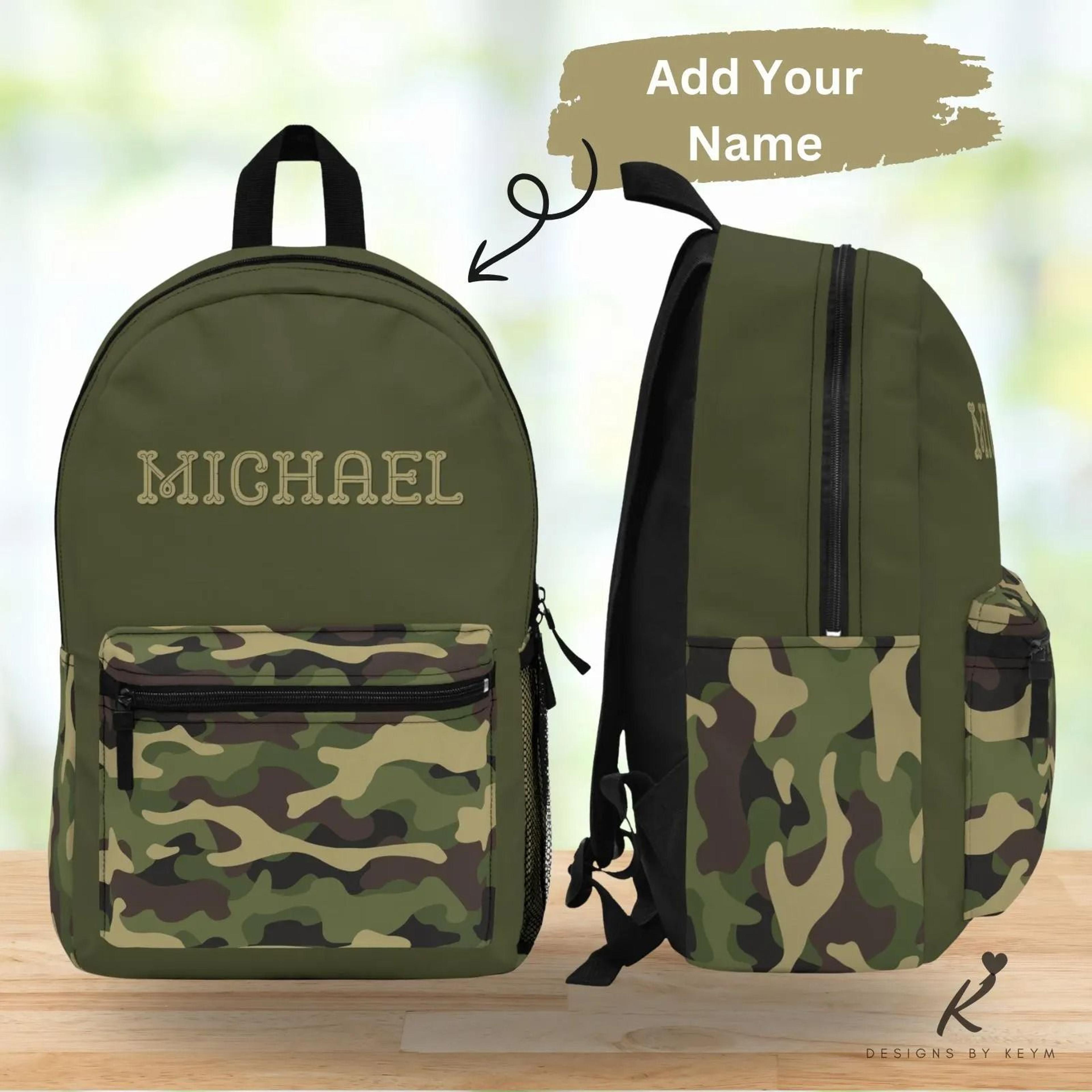 personalized camo kids backpack, custom name military school backpack, camouflage bookbag for boys, army style backpack