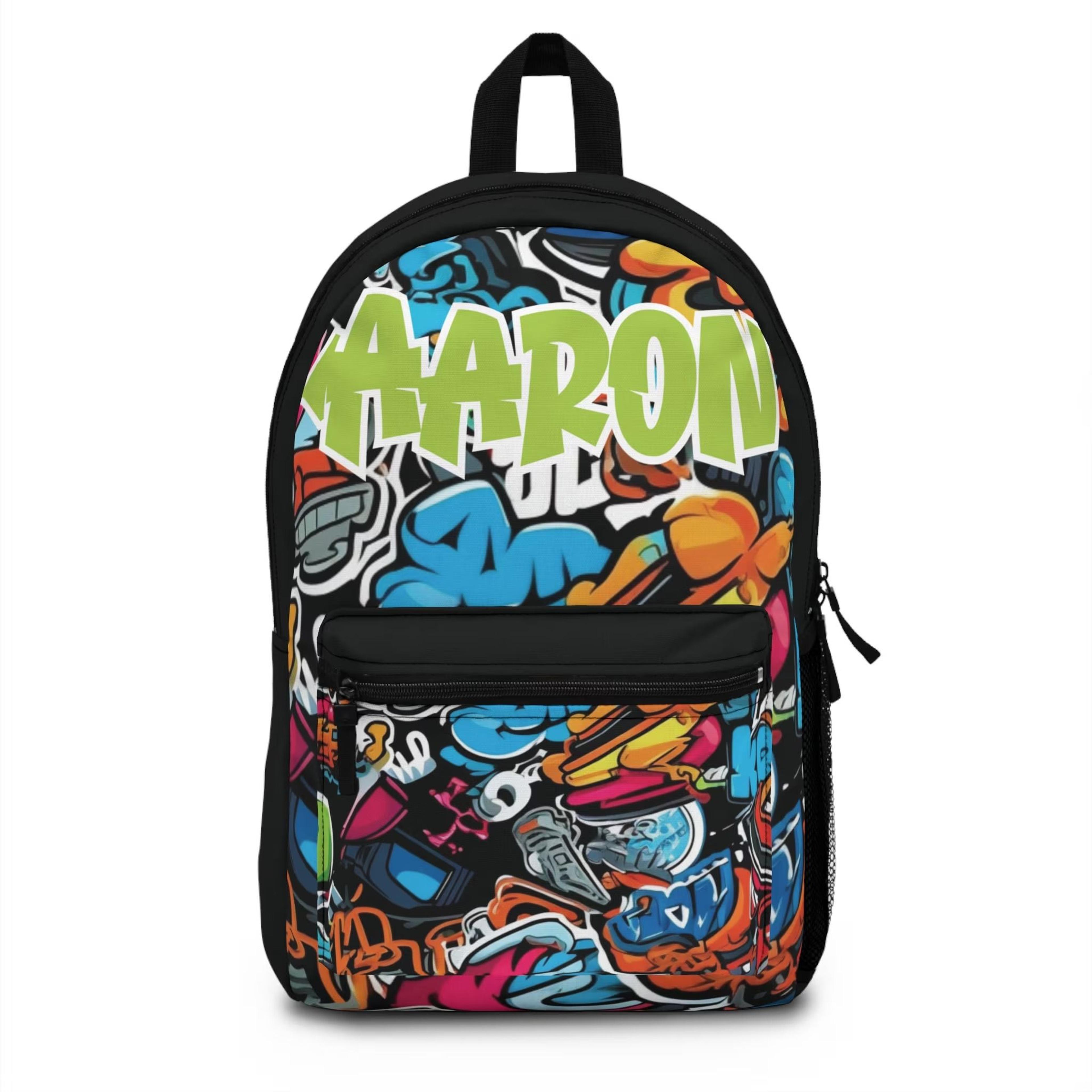 personalized graffiti kids backpack, custom name school backpack, street art bookbag, colorful urban backpack for boys