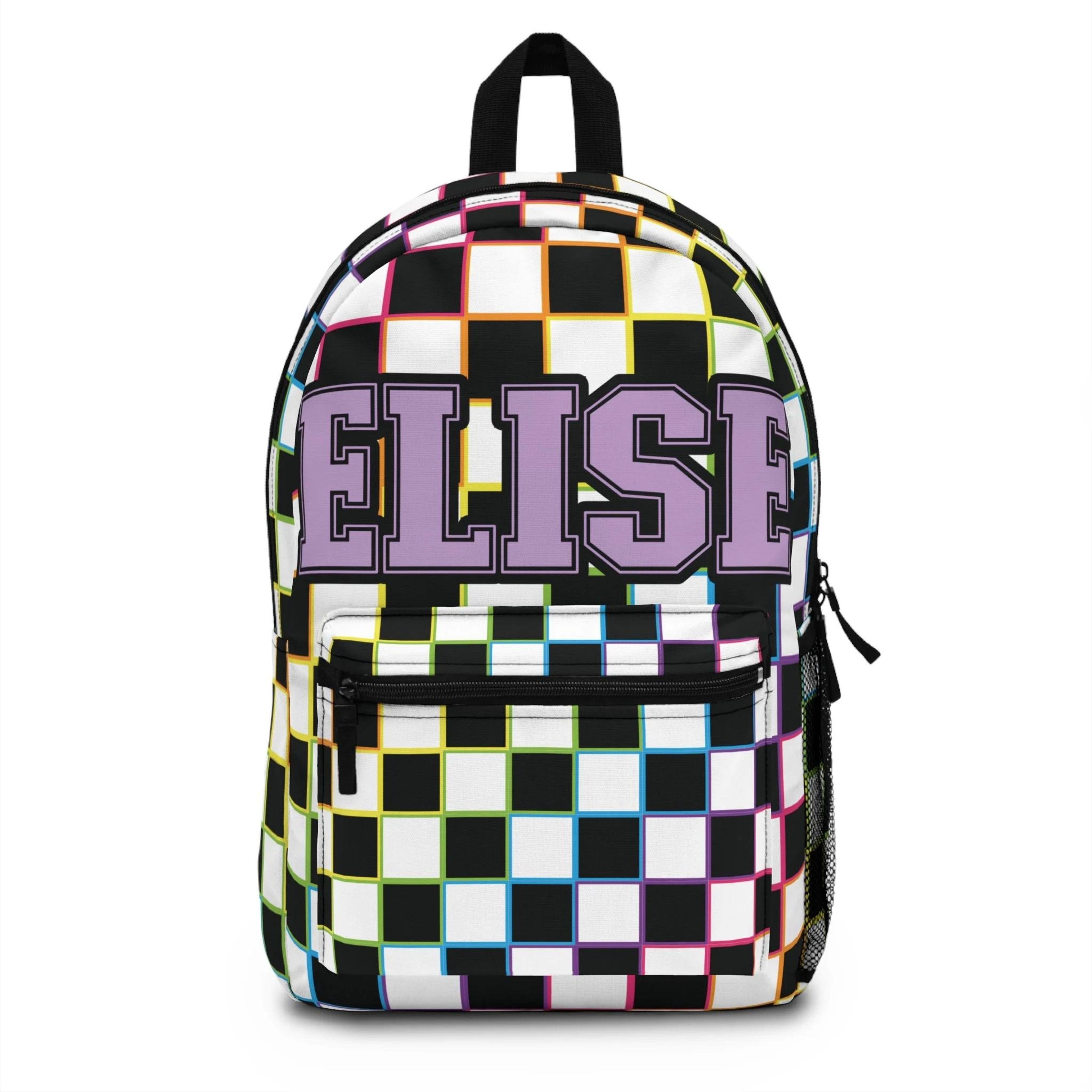 personalized checkerboard kids backpack, custom name school backpack, colorful checkered bookbag, retro backpack f