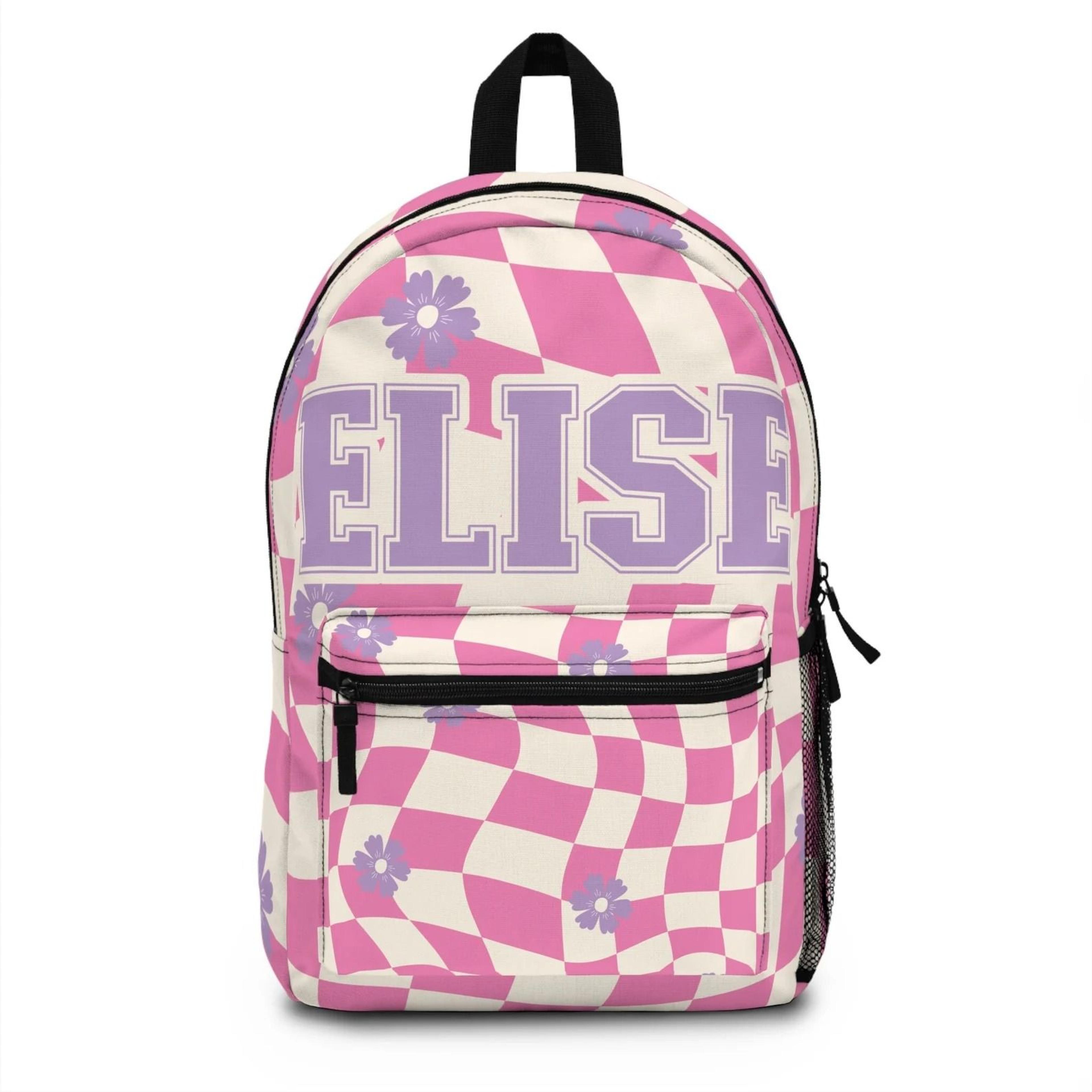 personalized pink wavy checkerboard kids backpack, custom name girls school backpack, retro floral bookbag