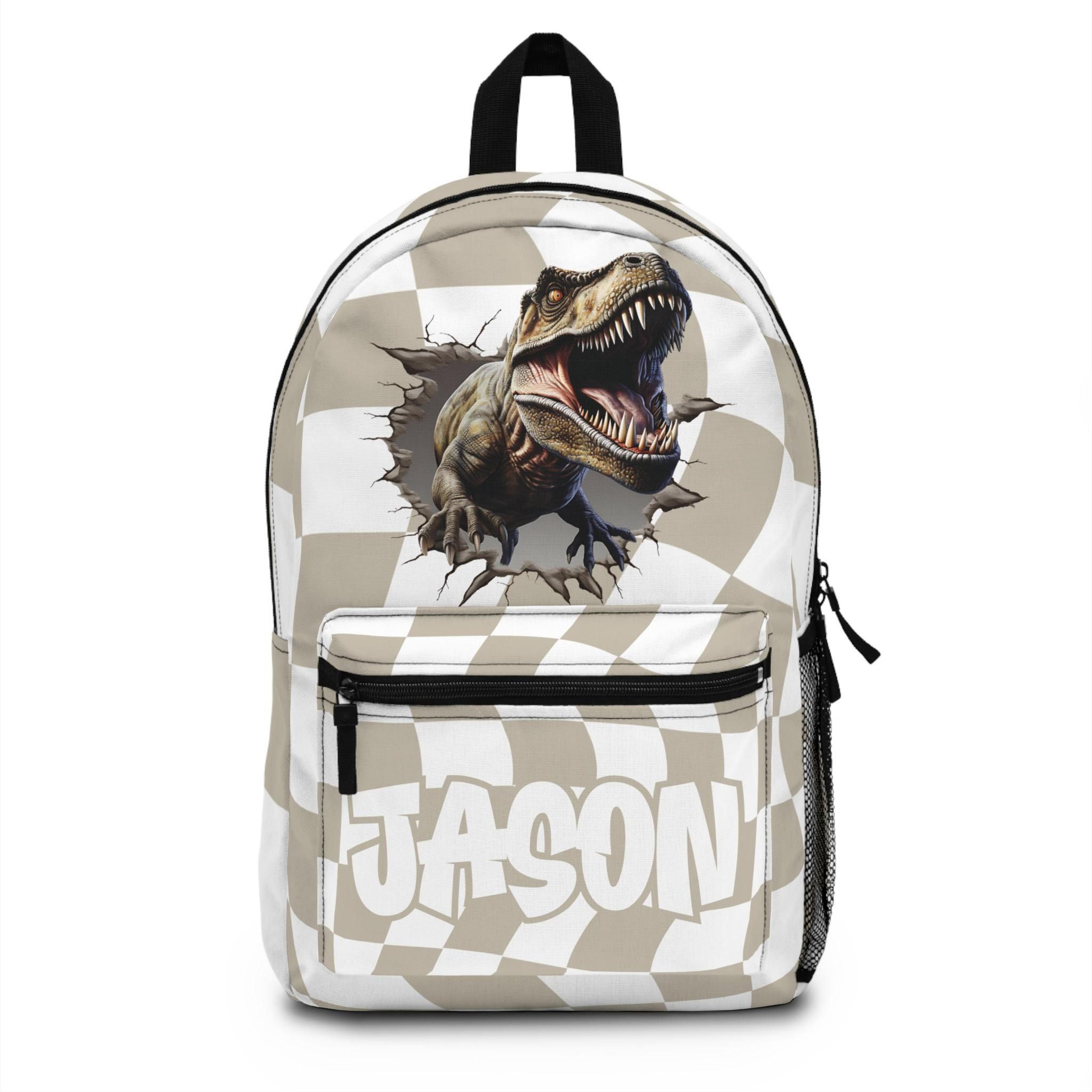 personalized dinosaur kids backpack, custom name t rex school backpack, dino checkerboard bookbag, boys back to school