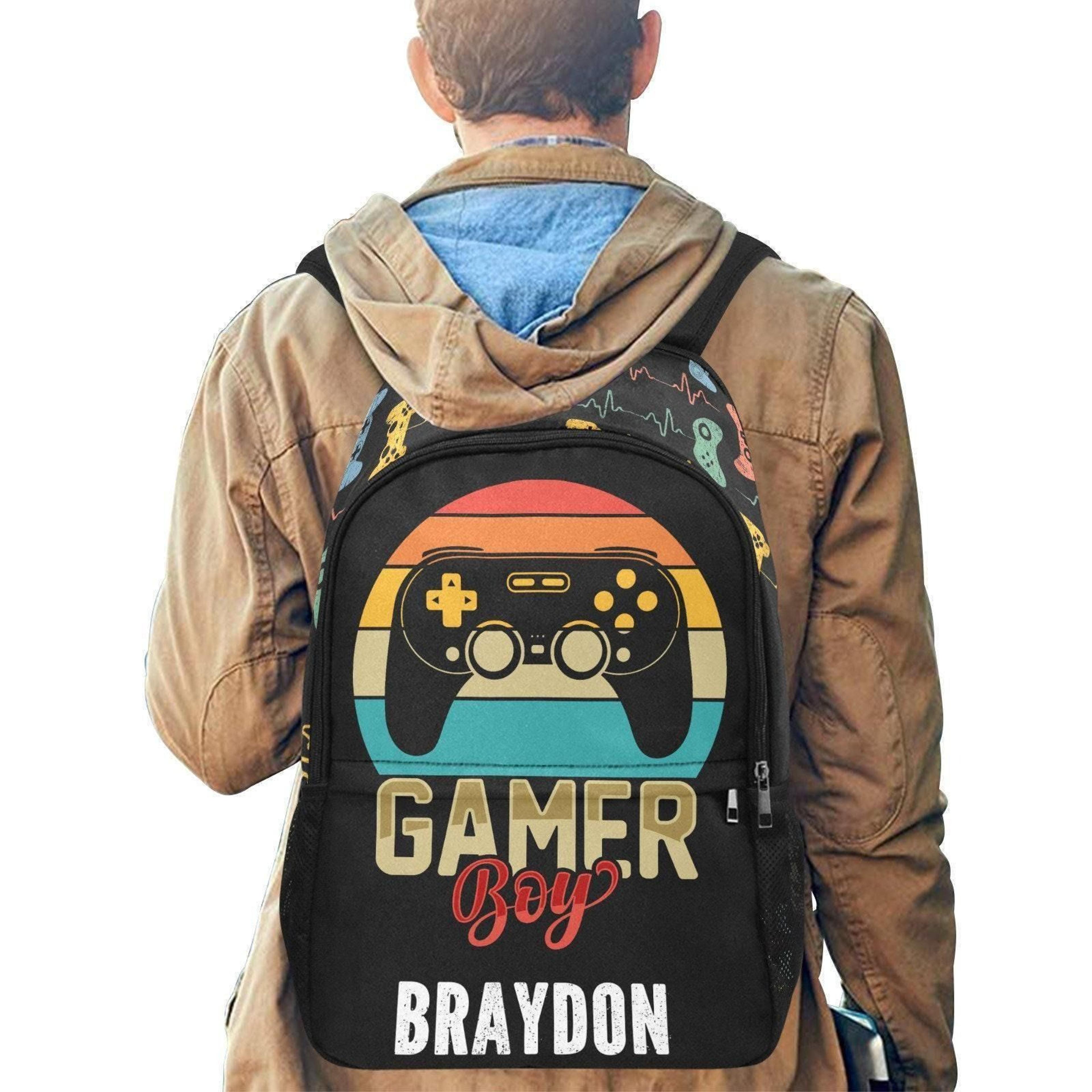 personalized gamer boy backpack, custom name gaming school backpack, video game controller bookbag, boys back to school