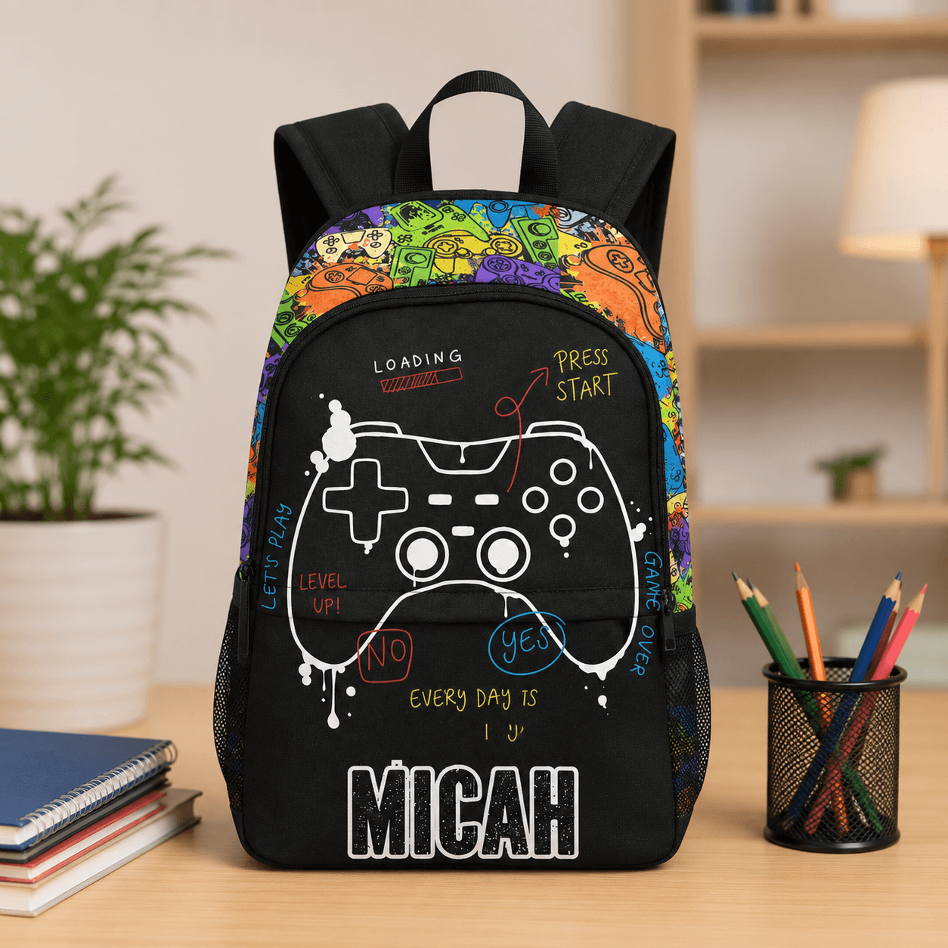 personalized gamer kids backpack, custom name gaming school backpack, video game controller bookbag