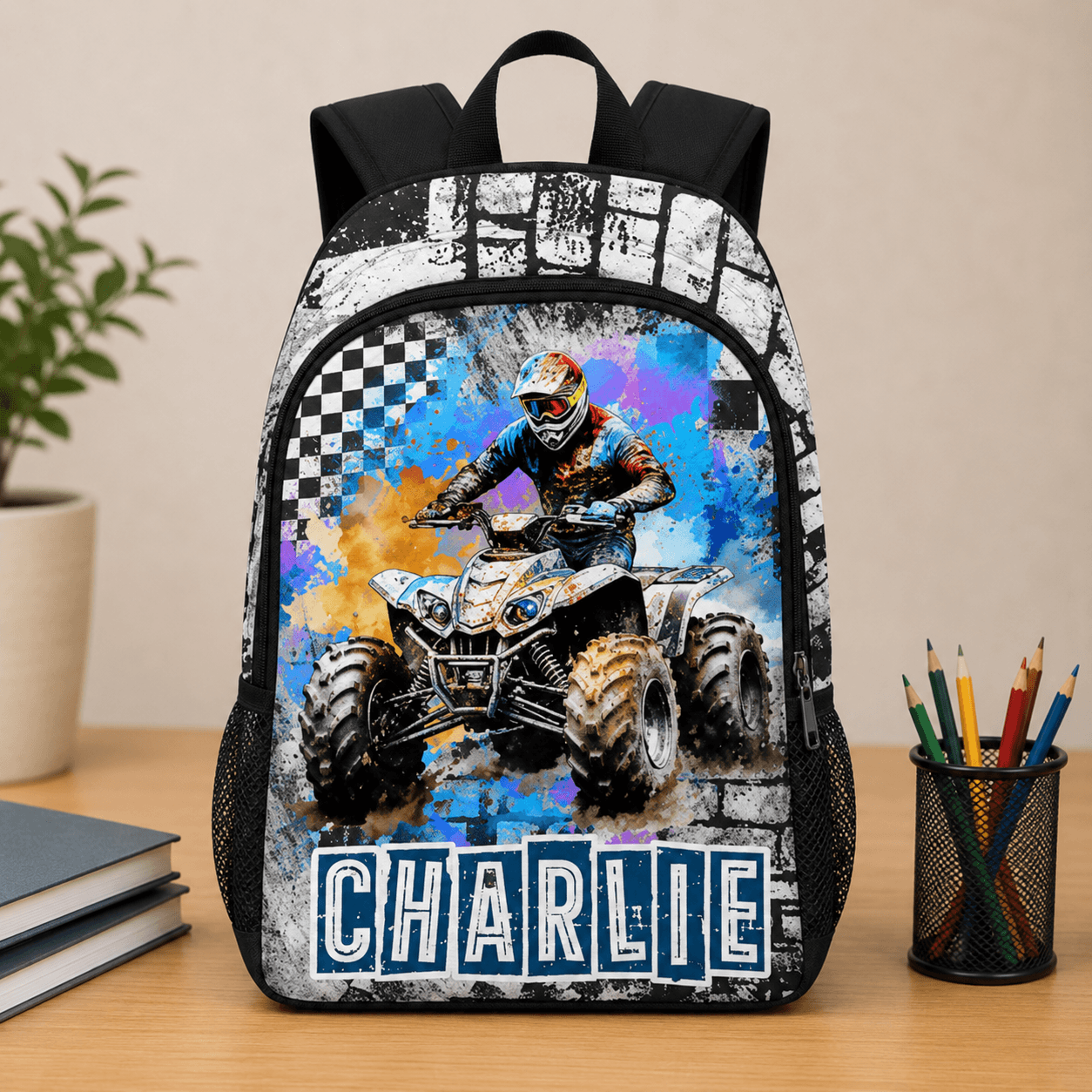 personalized atv kids backpack, custom name four wheeler school bag, quad bike backpack for boys, motocross bookbag