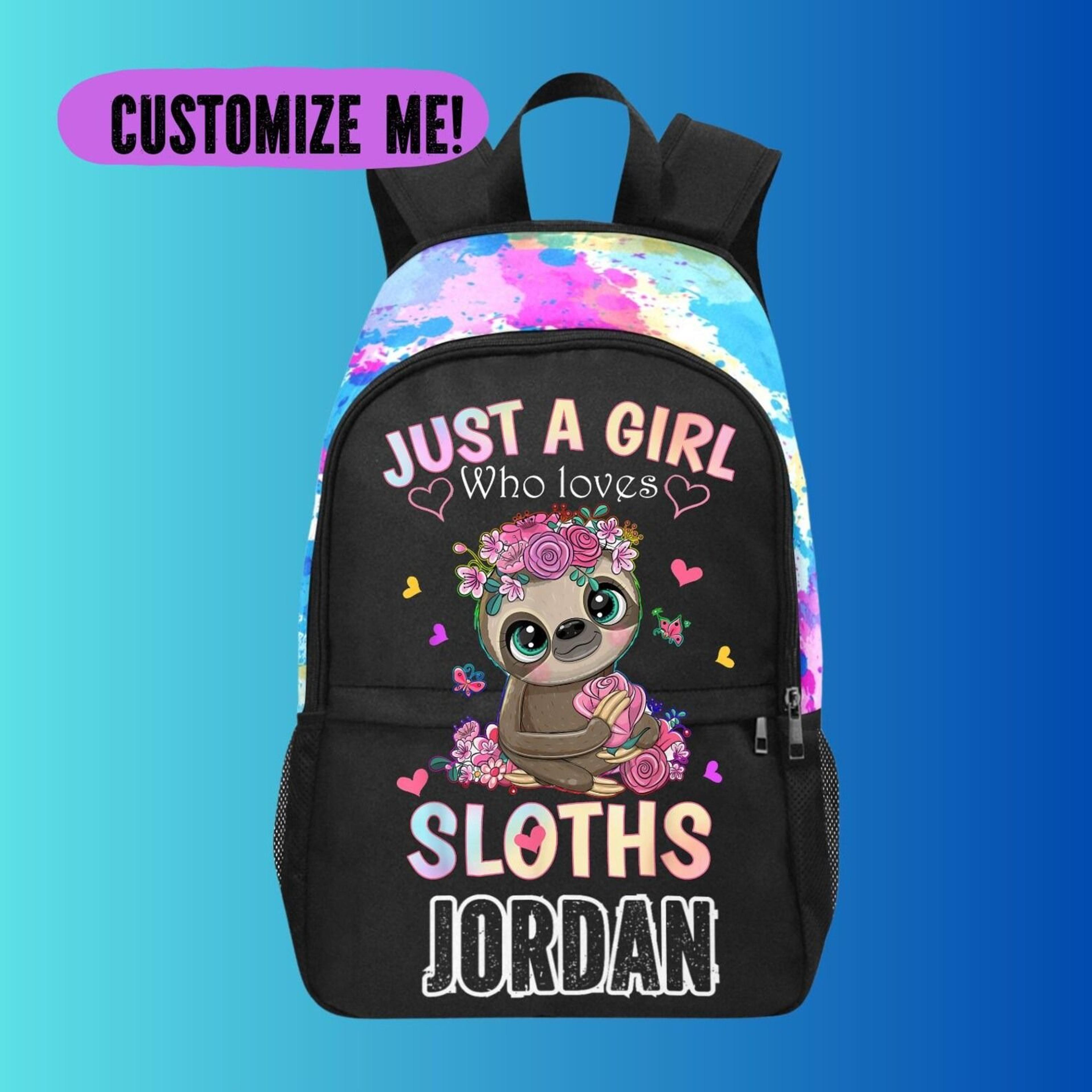 personalized sloth kids backpack, custom name sloth school bag for girls, cute floral animal bookbag, sloth lover back
