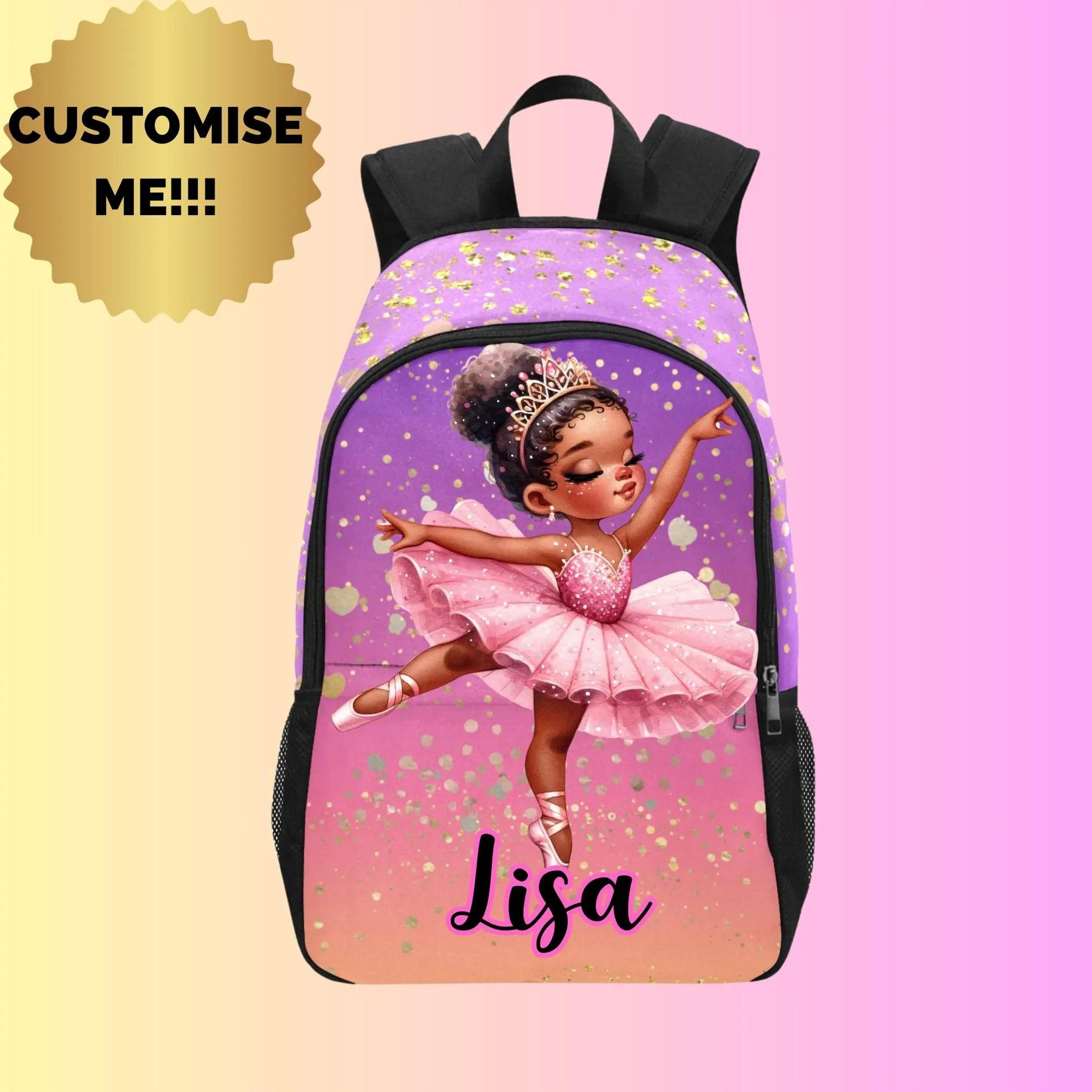personalized ballerina kids backpack, custom name ballet school bag for girls, pink princess dancer bookbag, ballet back