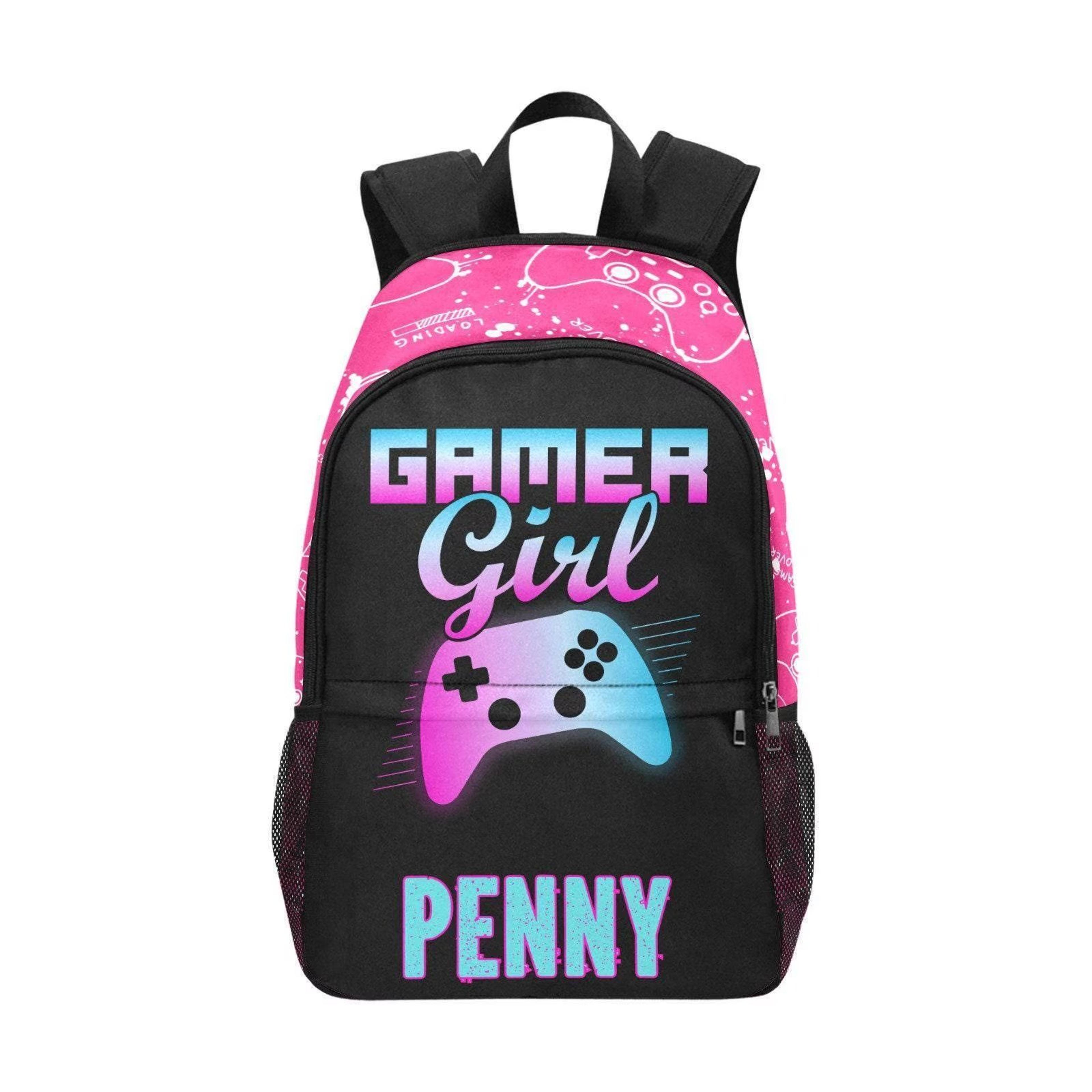 personalized gamer girl kids backpack, custom name gaming school bag for girls, video game controller bookbag