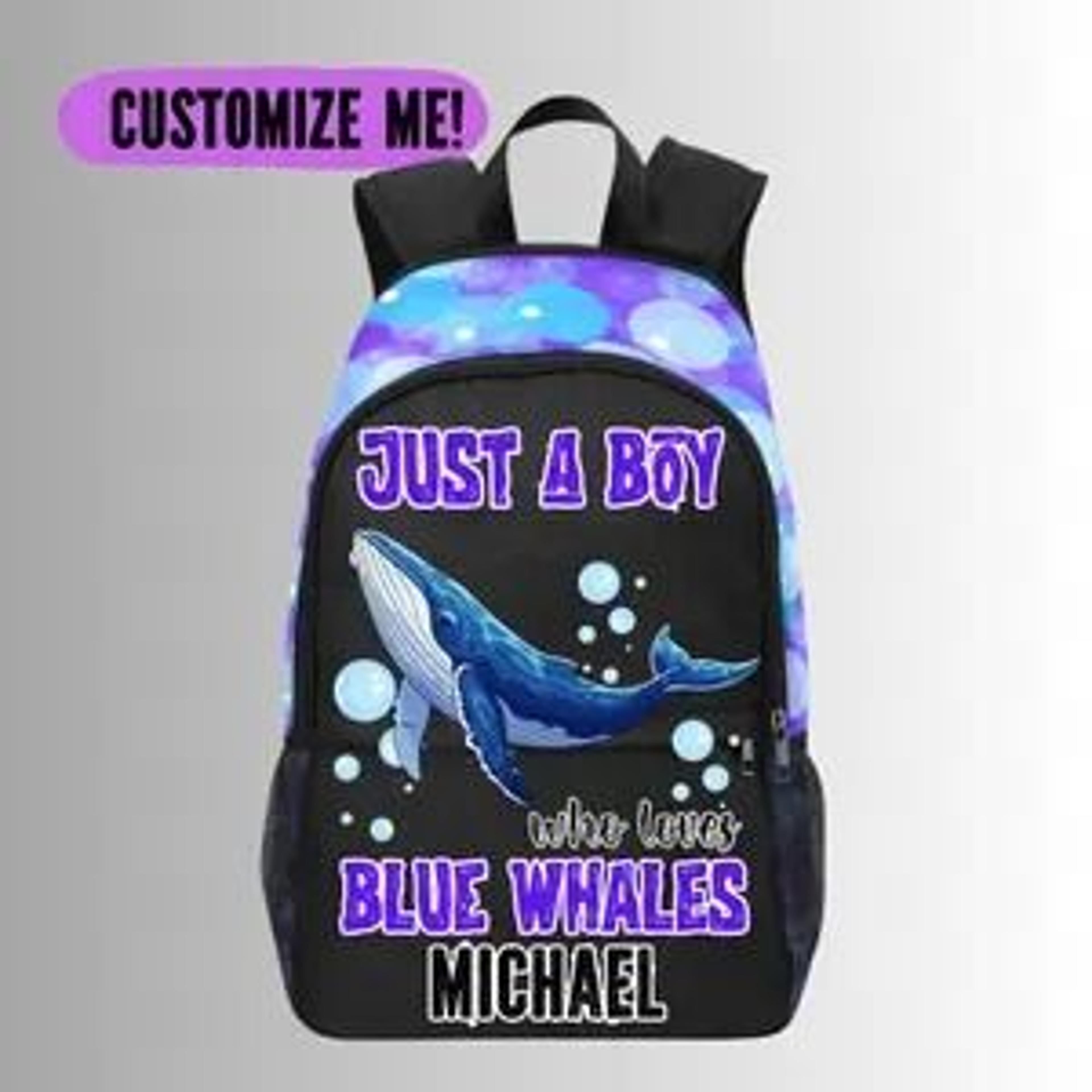 personalized blue whale kids backpack, custom name ocean school bag for boys, whale lover bookbag