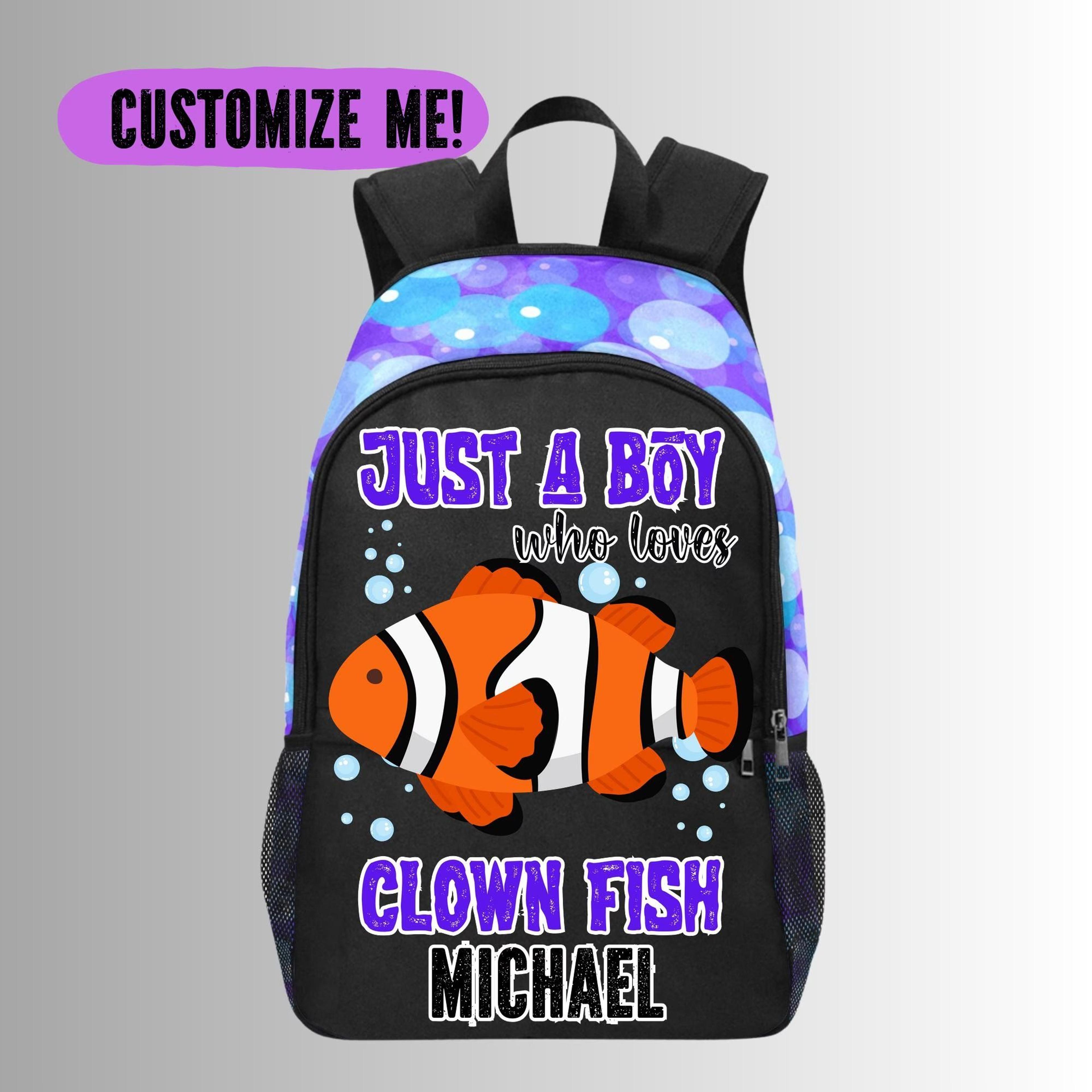 personalized clownfish kids backpack, custom name ocean school bag for boys, clown fish lover bookbag