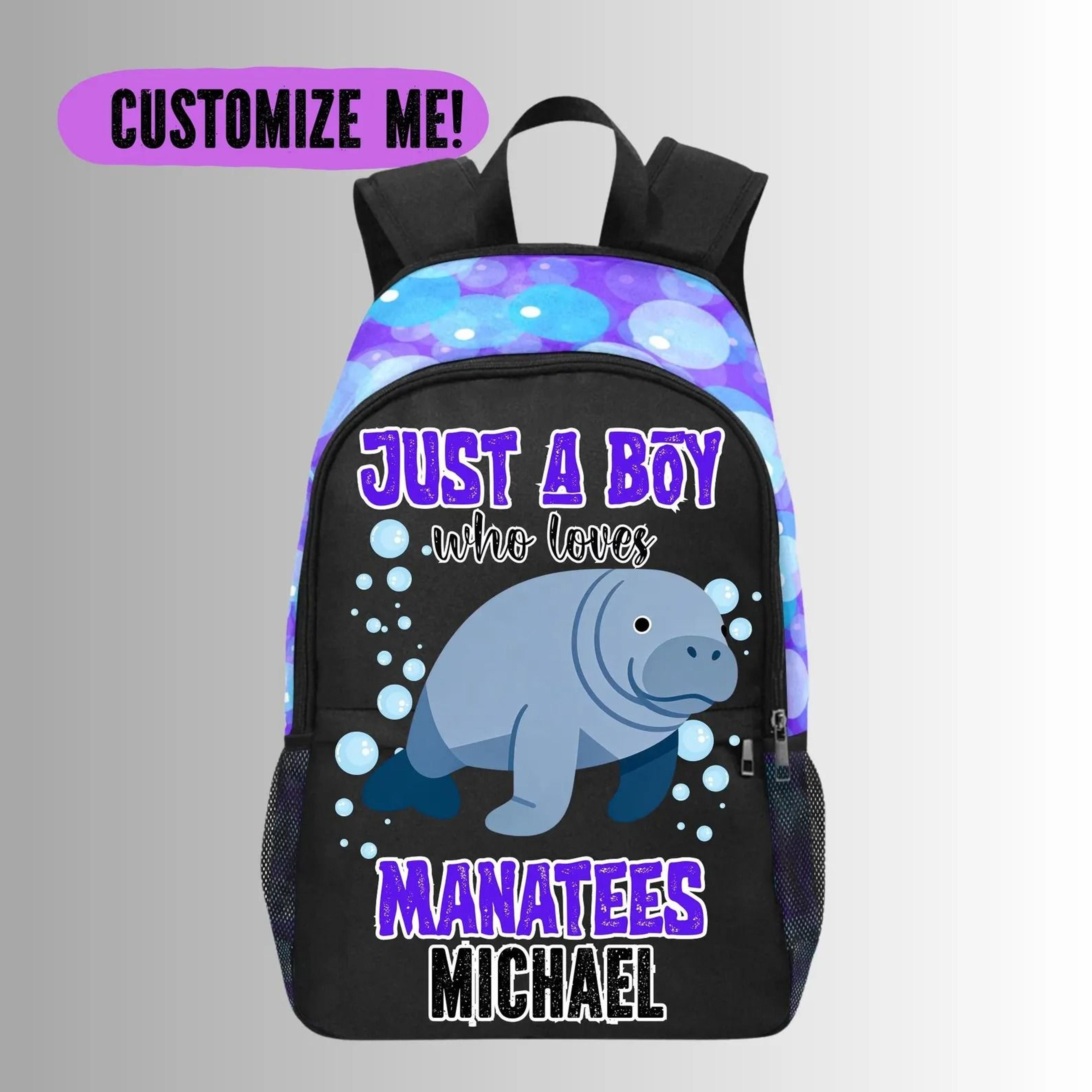 personalized manatee kids backpack, custom name ocean school bag for boys, sea cow animal bookbag