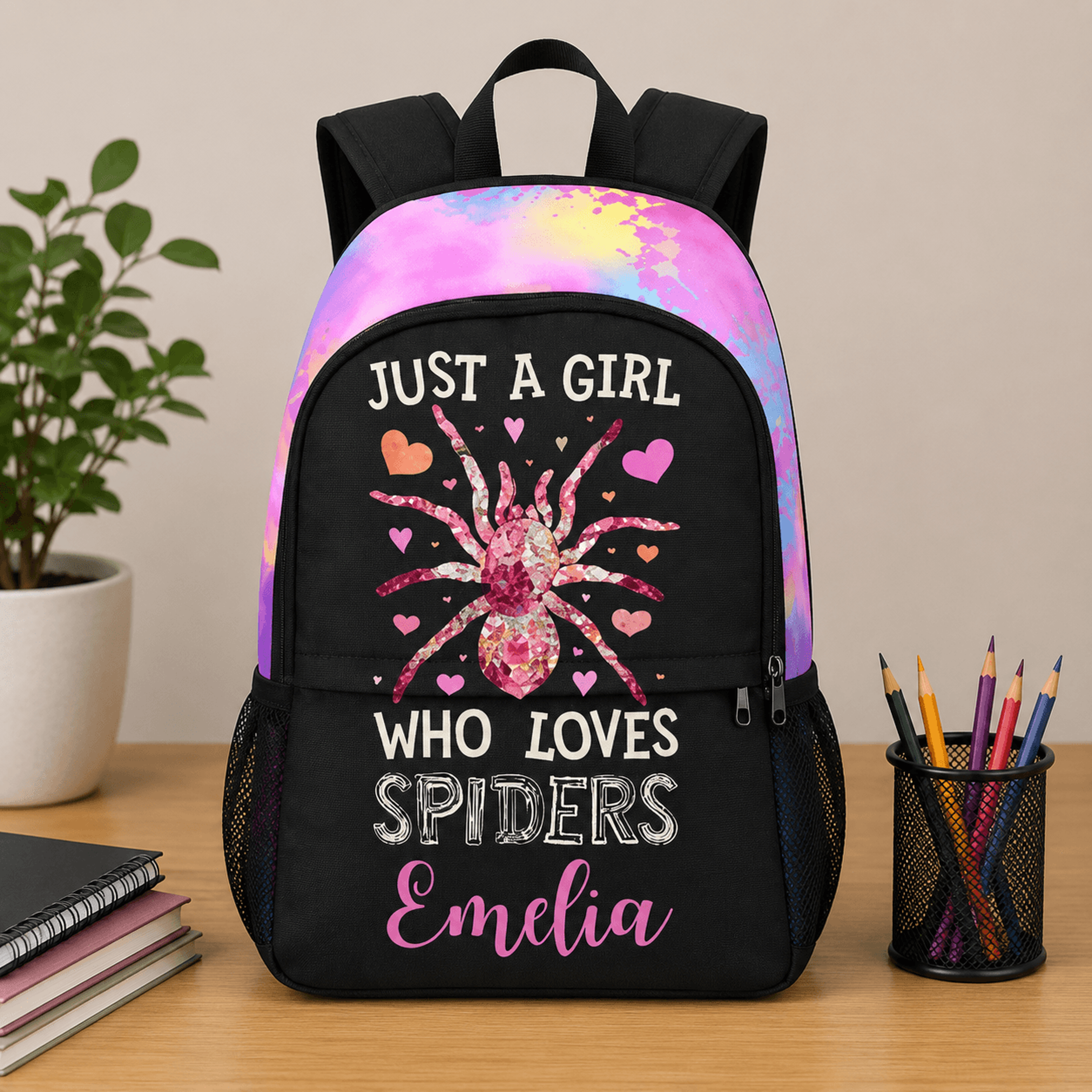 personalized spider kids backpack, custom name spider school bag for girls, spider lover bookbag, pink arachnid bag