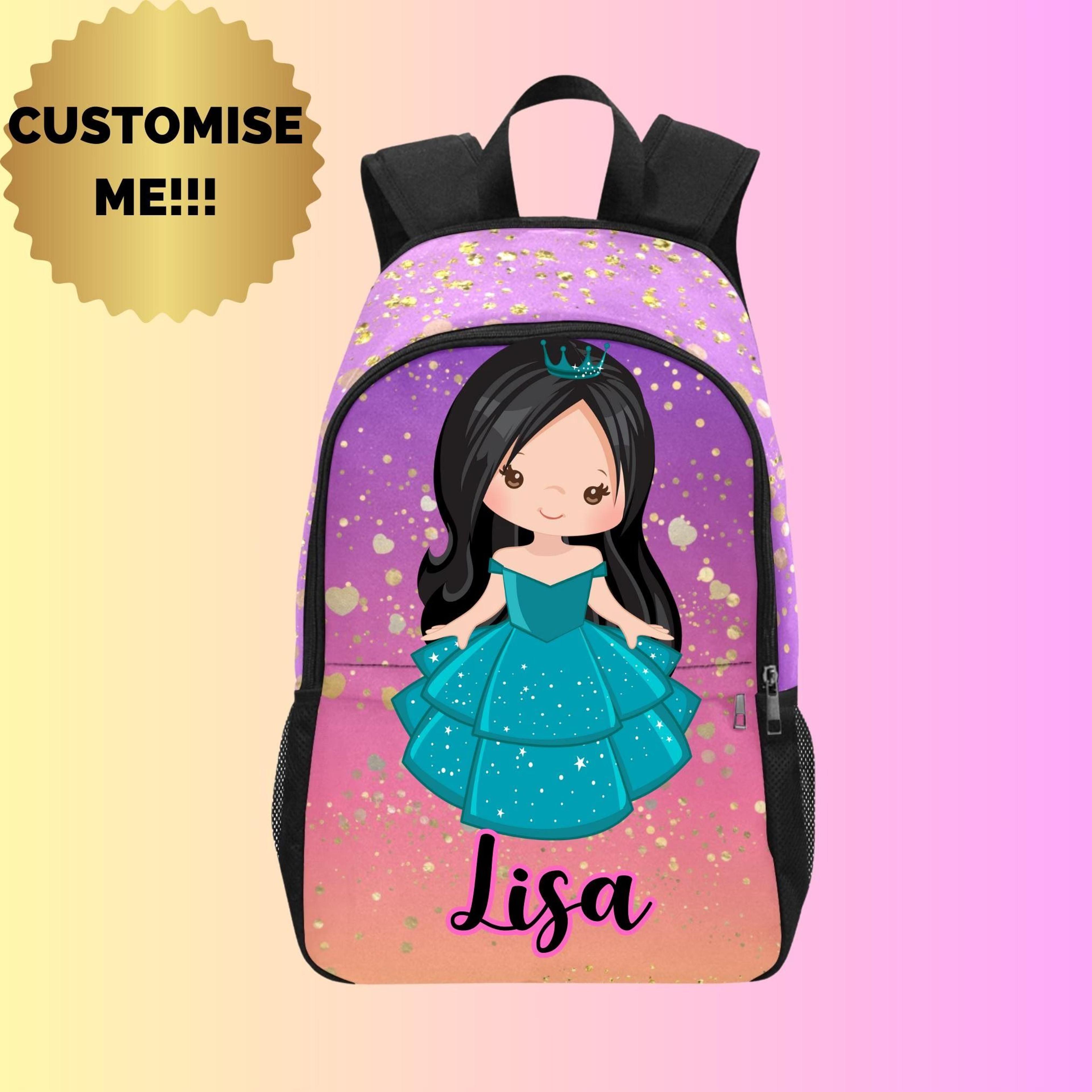 personalized princess kids backpack, custom name princess school bag for girls, teal dress princess bookbag