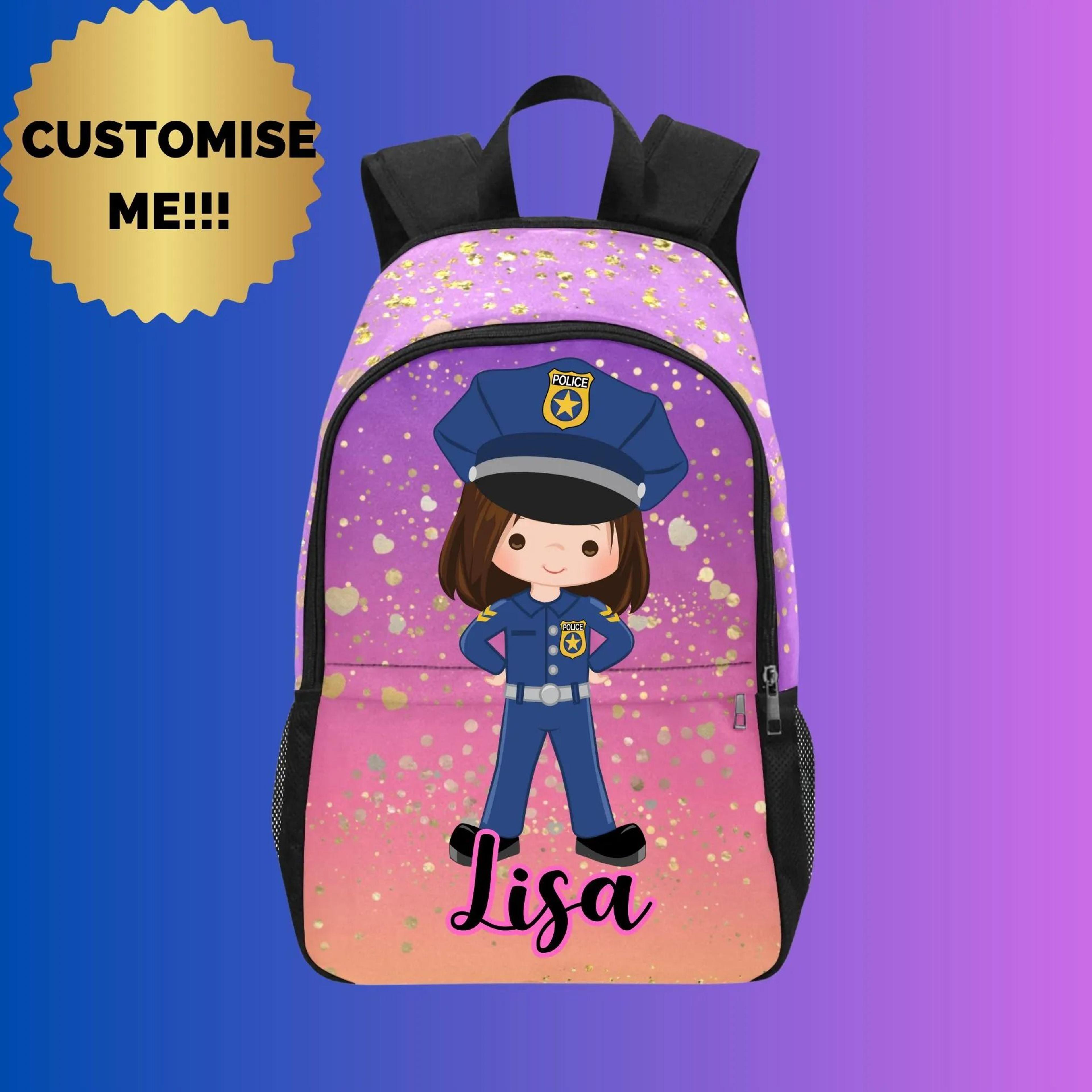 personalized police officer kids backpack, custom name police girl school bag, policewoman backpack for girls