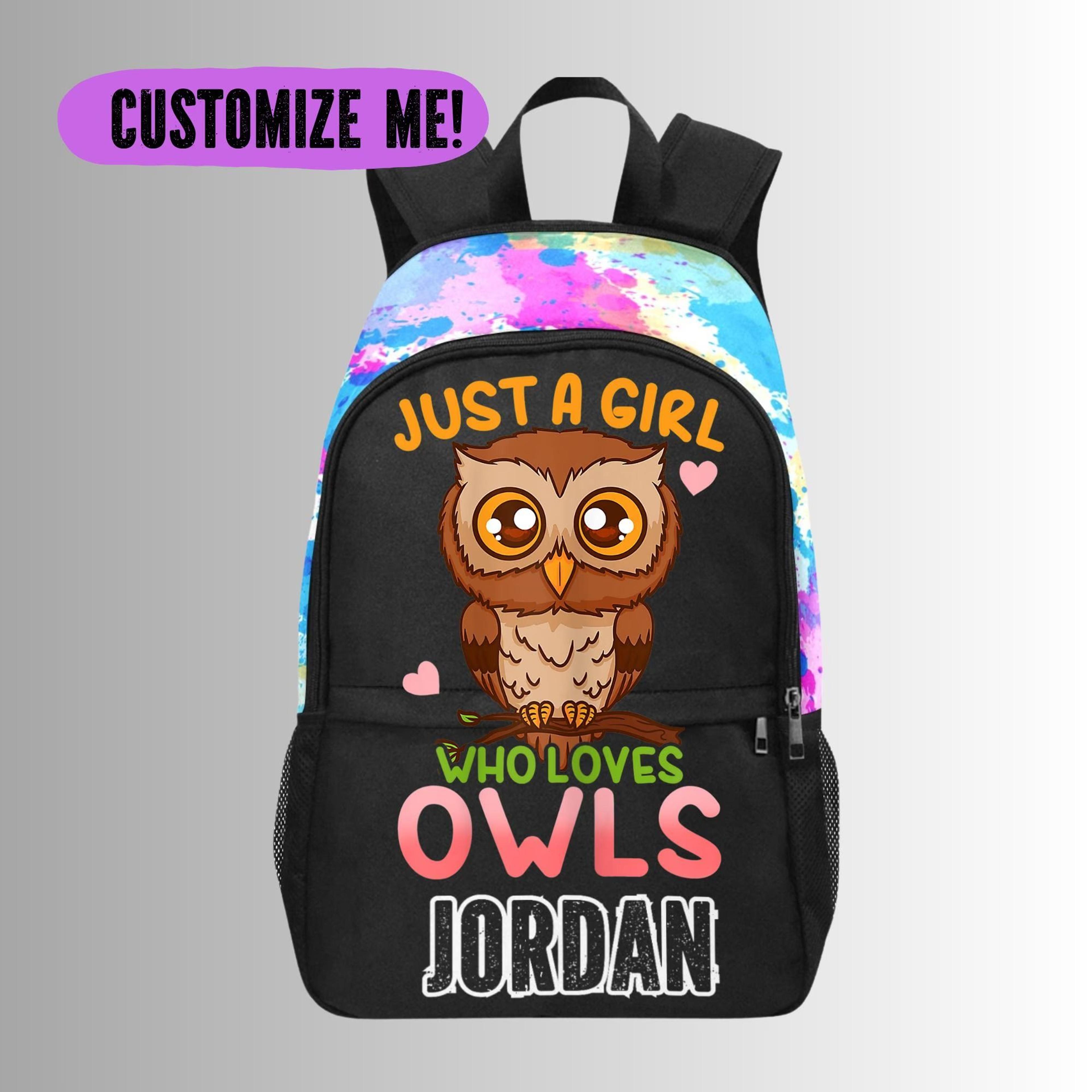 personalized owl kids backpack, custom name owl school bag for girls, cute owl lover bookbag, bird backpack, back to sch