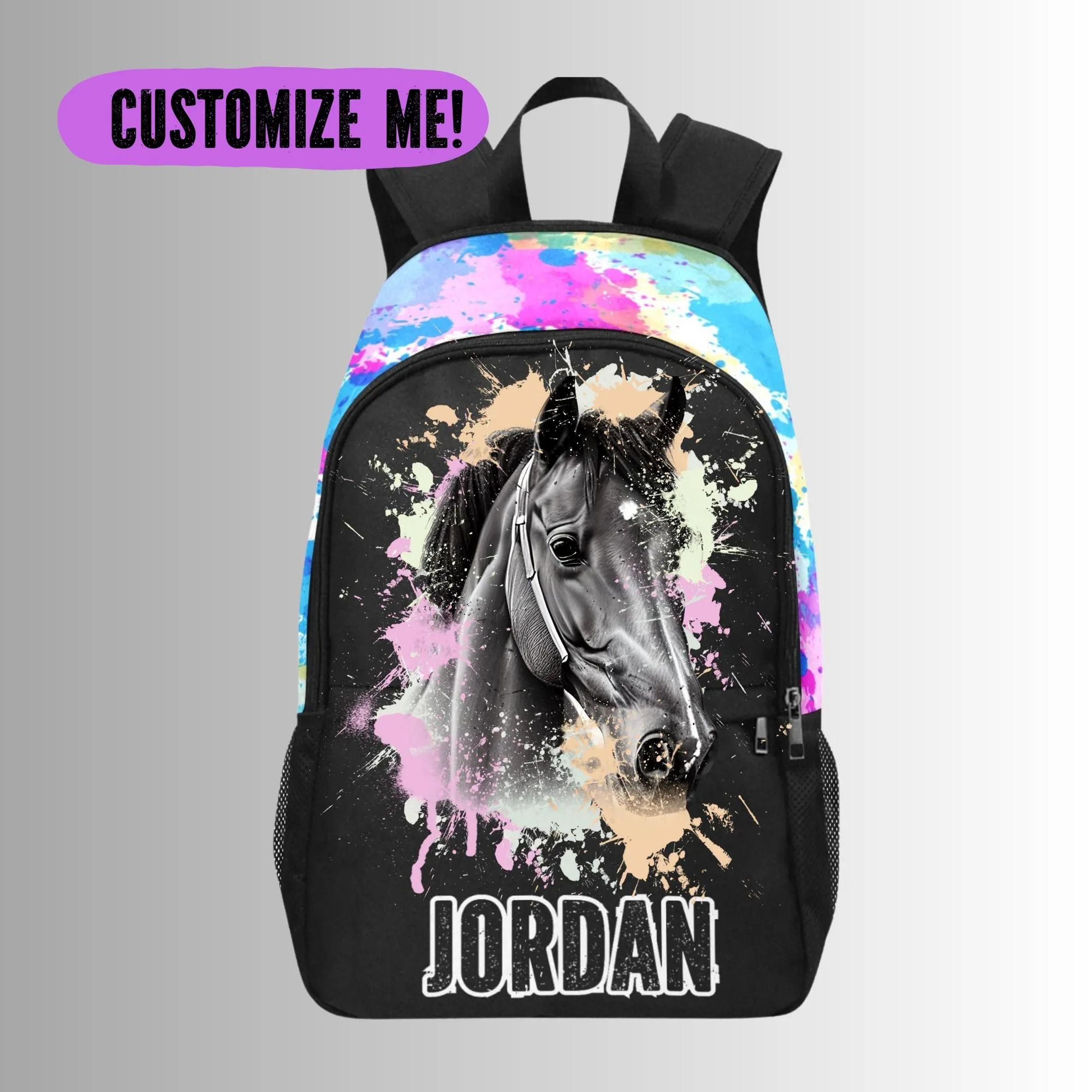 personalized horse kids backpack, custom name horse school bag for girls, black horse lover bookbag, school backpack