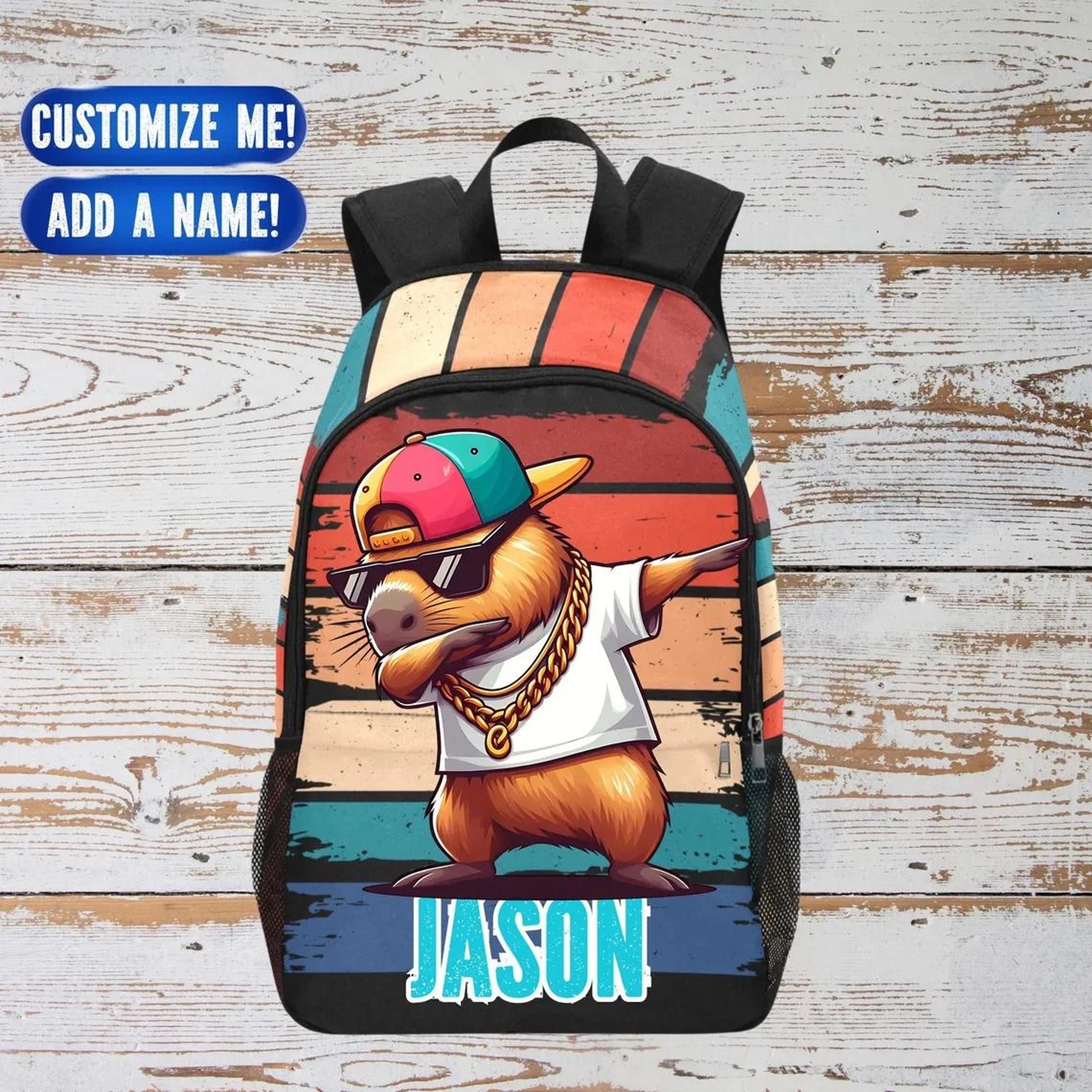 personalized capybara kids backpack, custom name cool capybara school bag for boys, funny animal bookbag, back to school