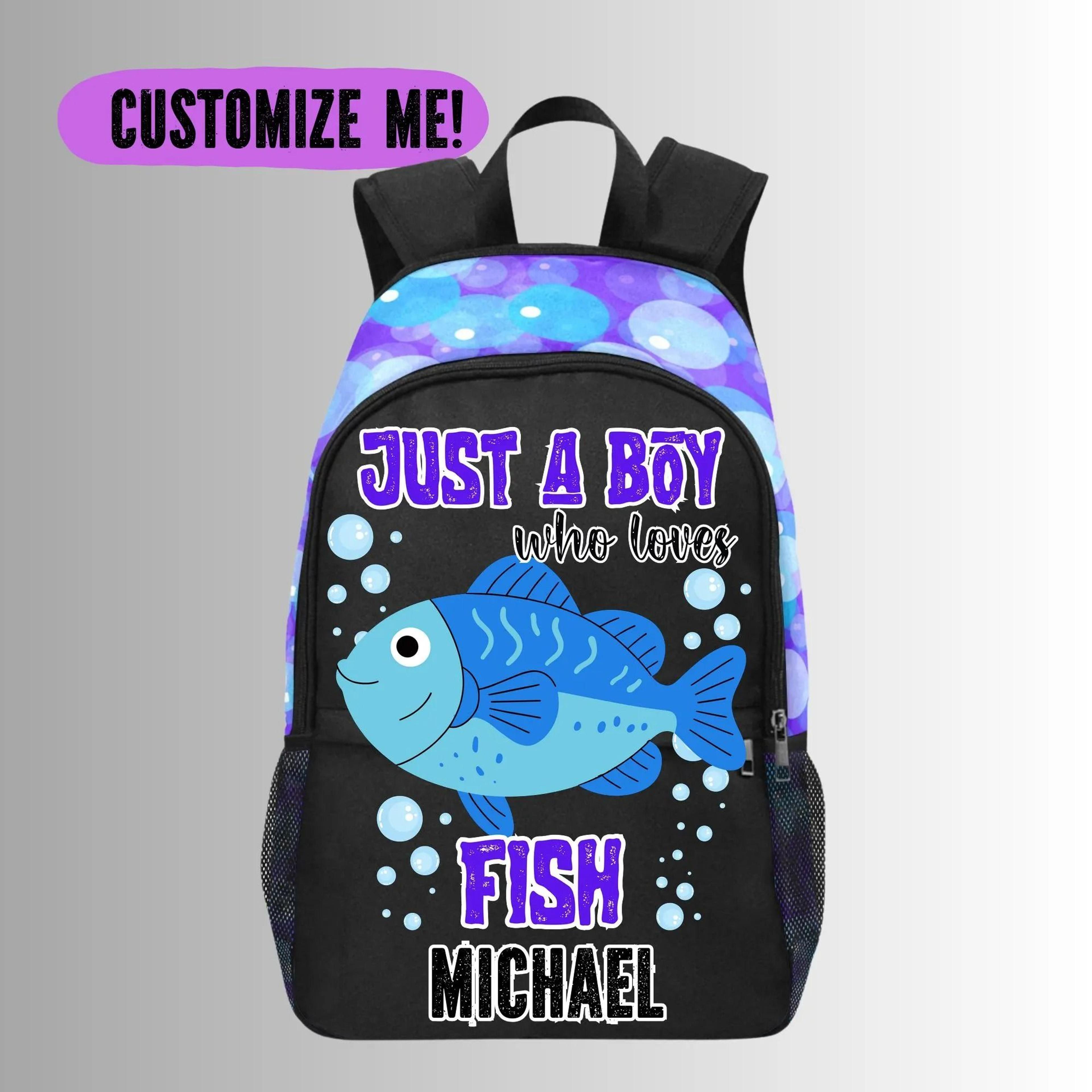 personalized fish kids backpack, custom name blue fish school bag for boys, ocean animal bookbag, back to school bags