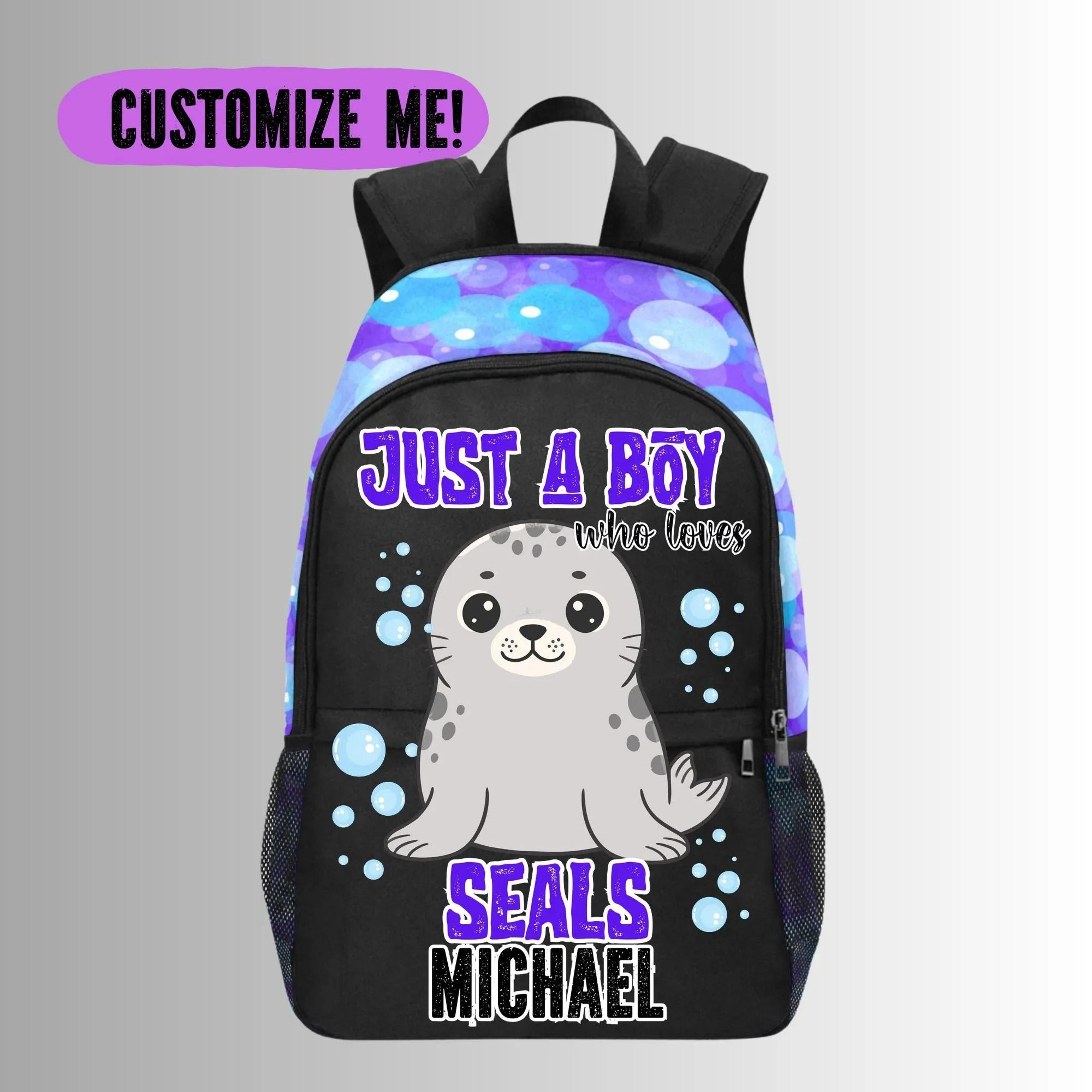 personalized seal kids backpack, custom name seal school bag for boys, cute ocean animal bookbag, sea life school bag
