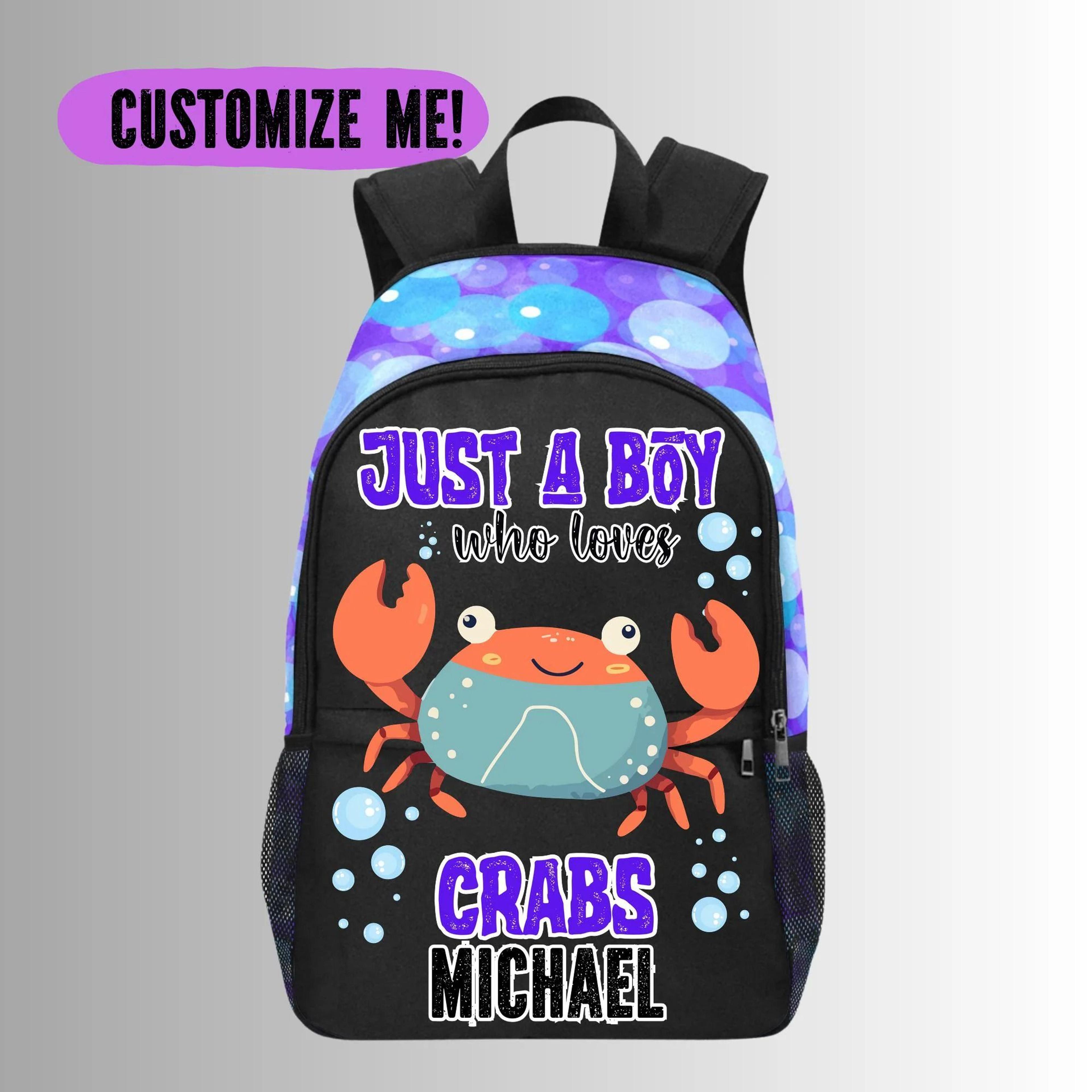 personalized crab kids backpack, custom name crab school bag for boys, cute ocean animal bookbag, sea life school bags