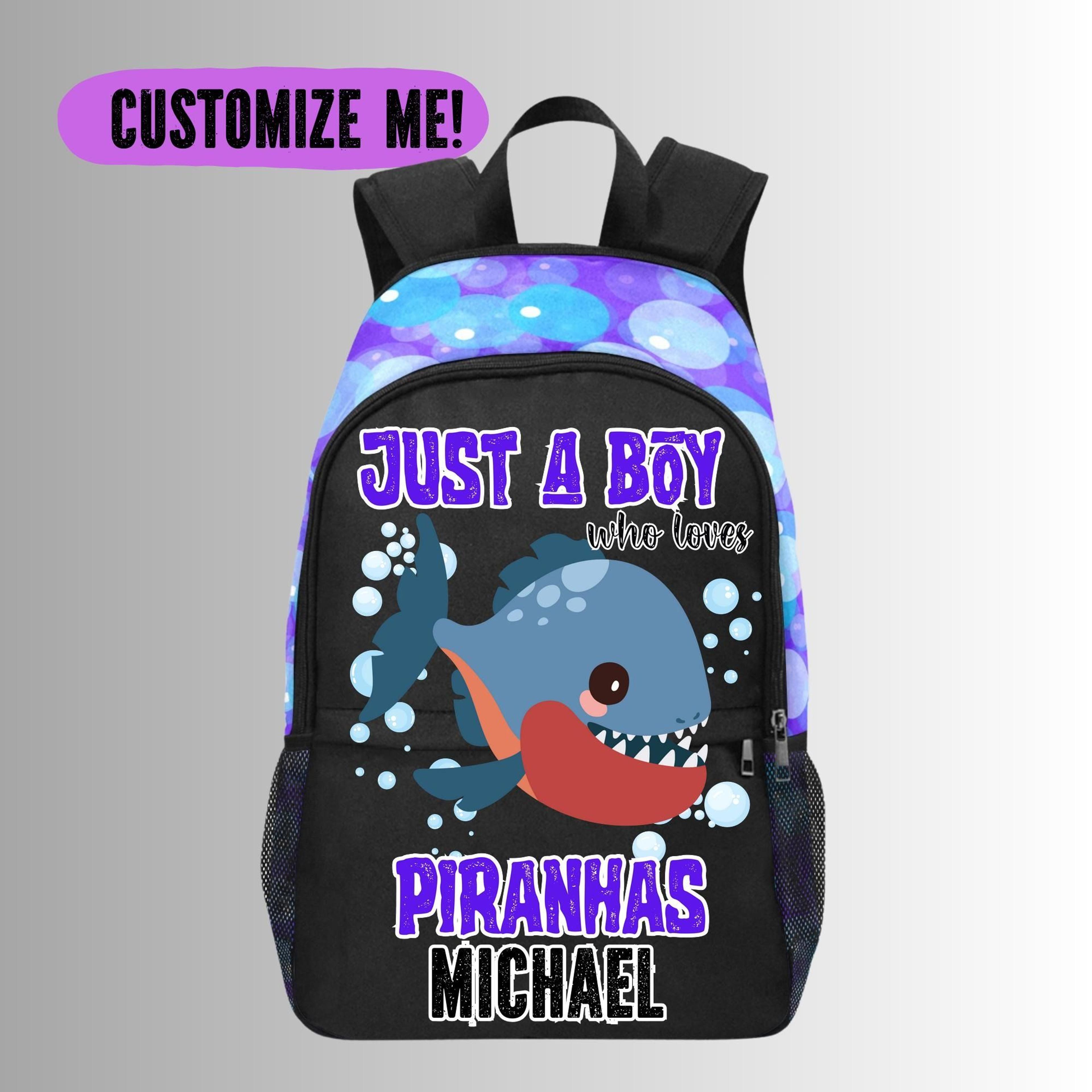 personalized piranha kids backpack, custom name piranha school bag for boys, fish lover bookbag, ocean animal bags