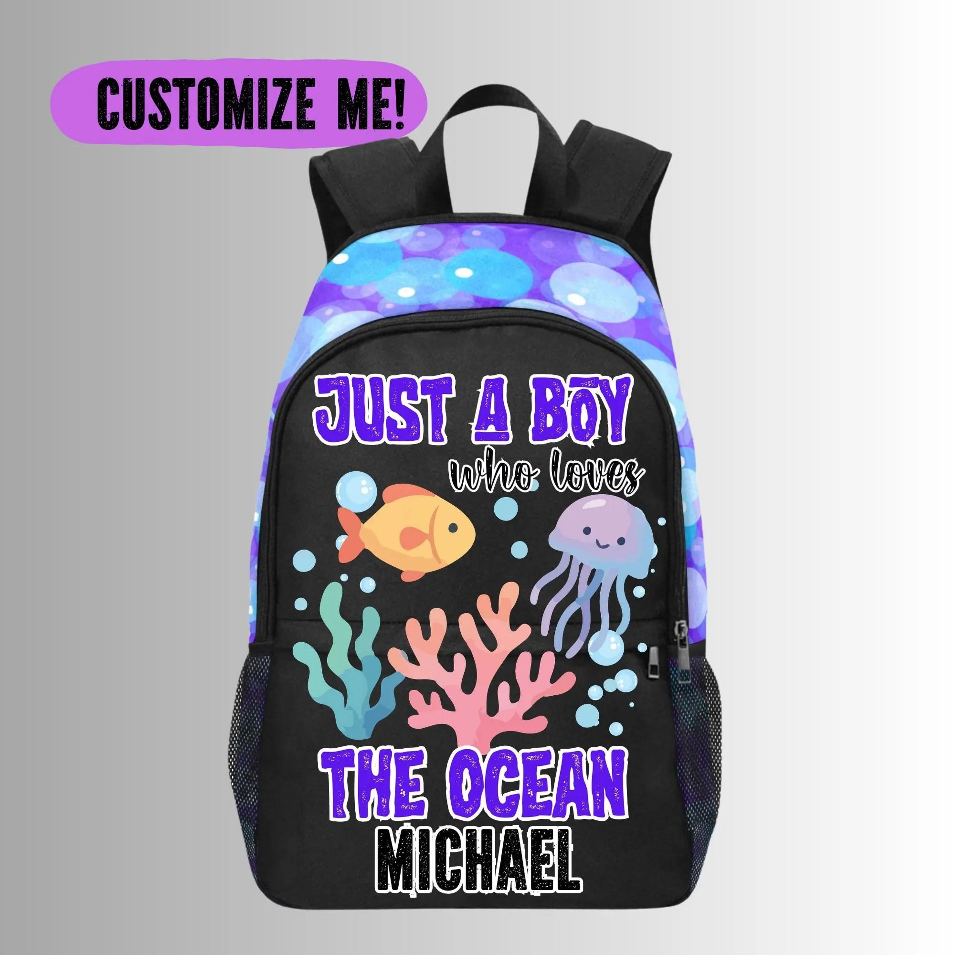 personalized ocean kids backpack, custom name sea life school bag for boys, fish jellyfish bookbag, underwater bags