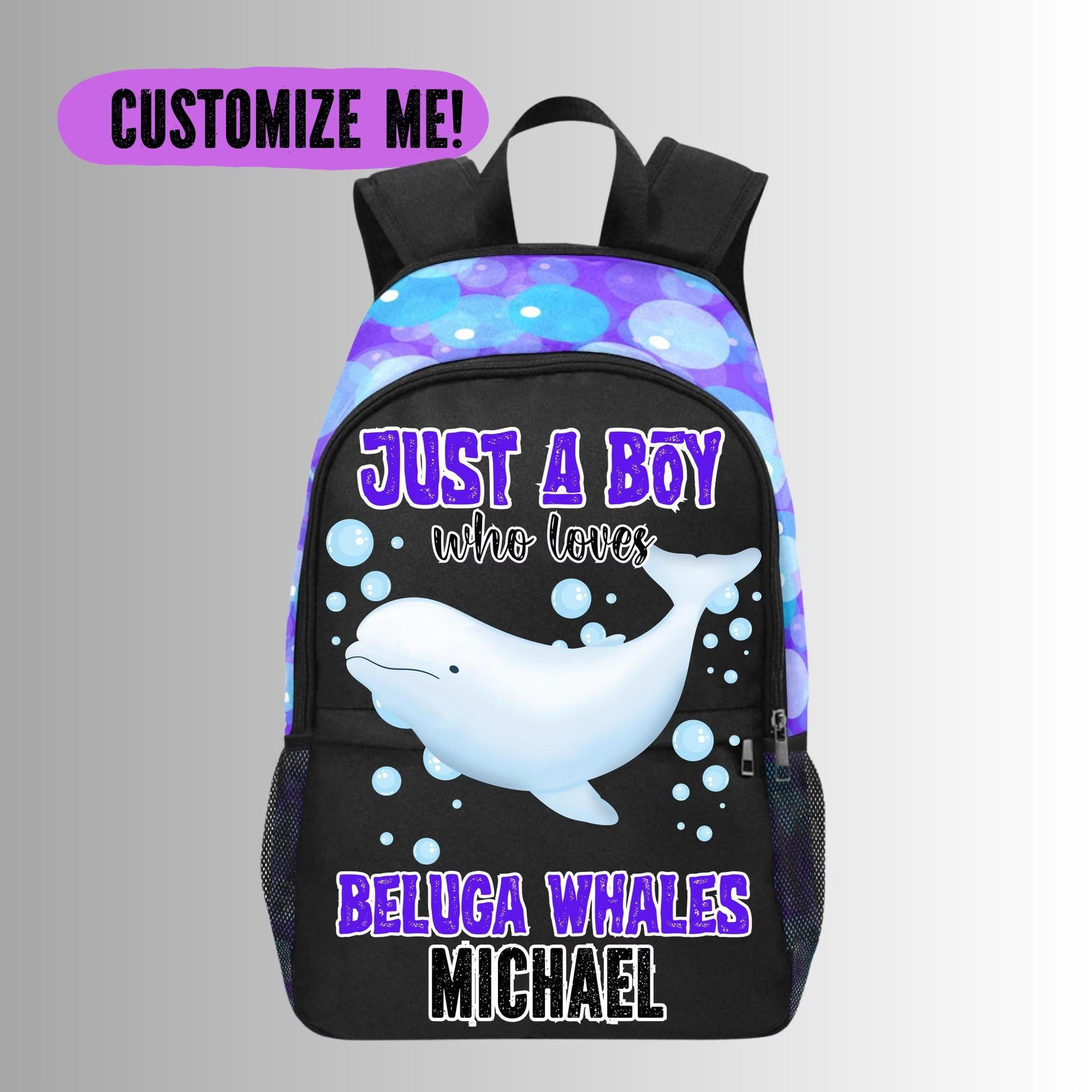 personalized beluga whale kids backpack, custom name whale school bag for boys, ocean animal bookbag