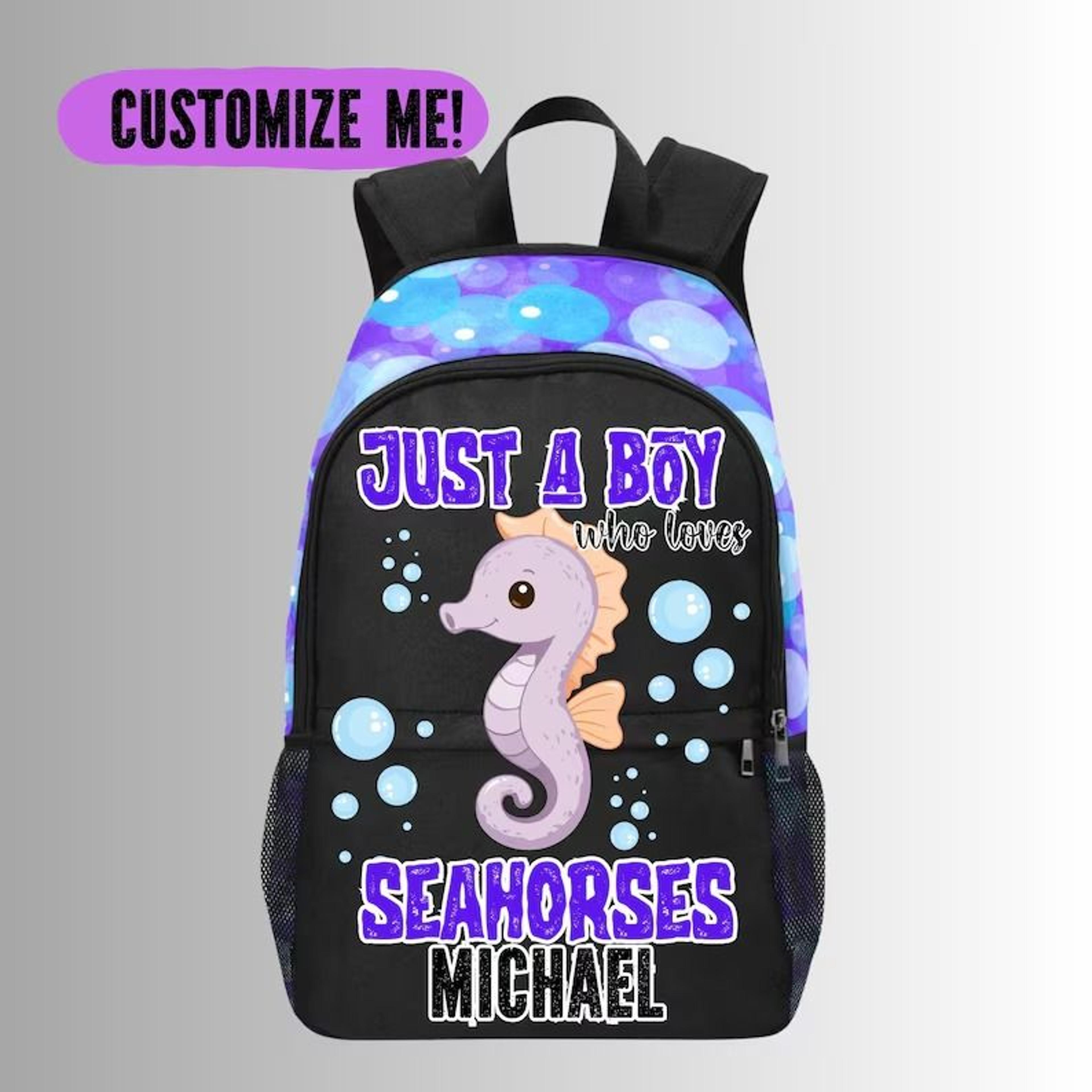 personalized seahorse kids backpack, custom name seahorse school bag for boys, ocean animal bookbag, sea life bags