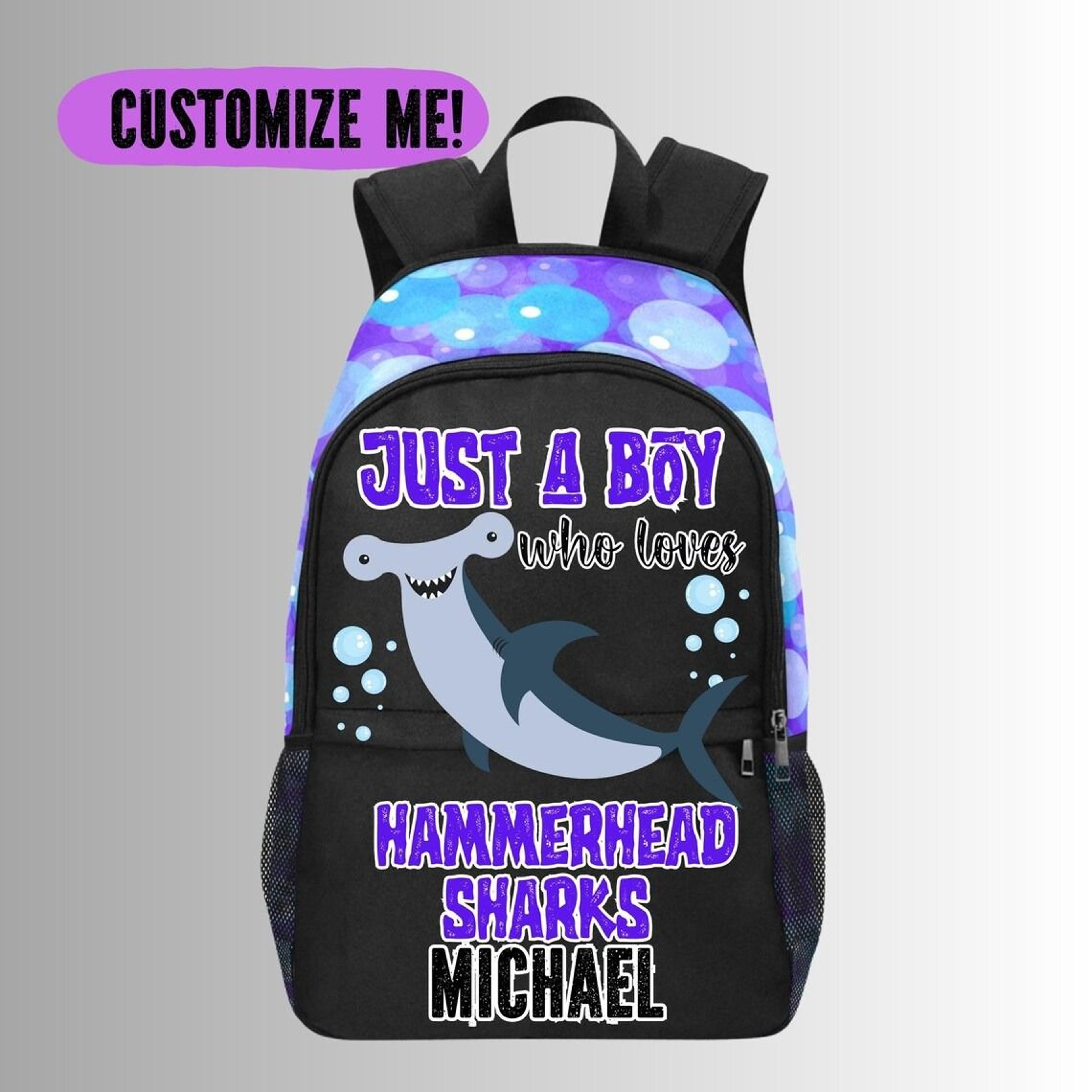 personalized hammerhead shark kids backpack, custom name shark school bag for boys, ocean animal bookbag, sea life back