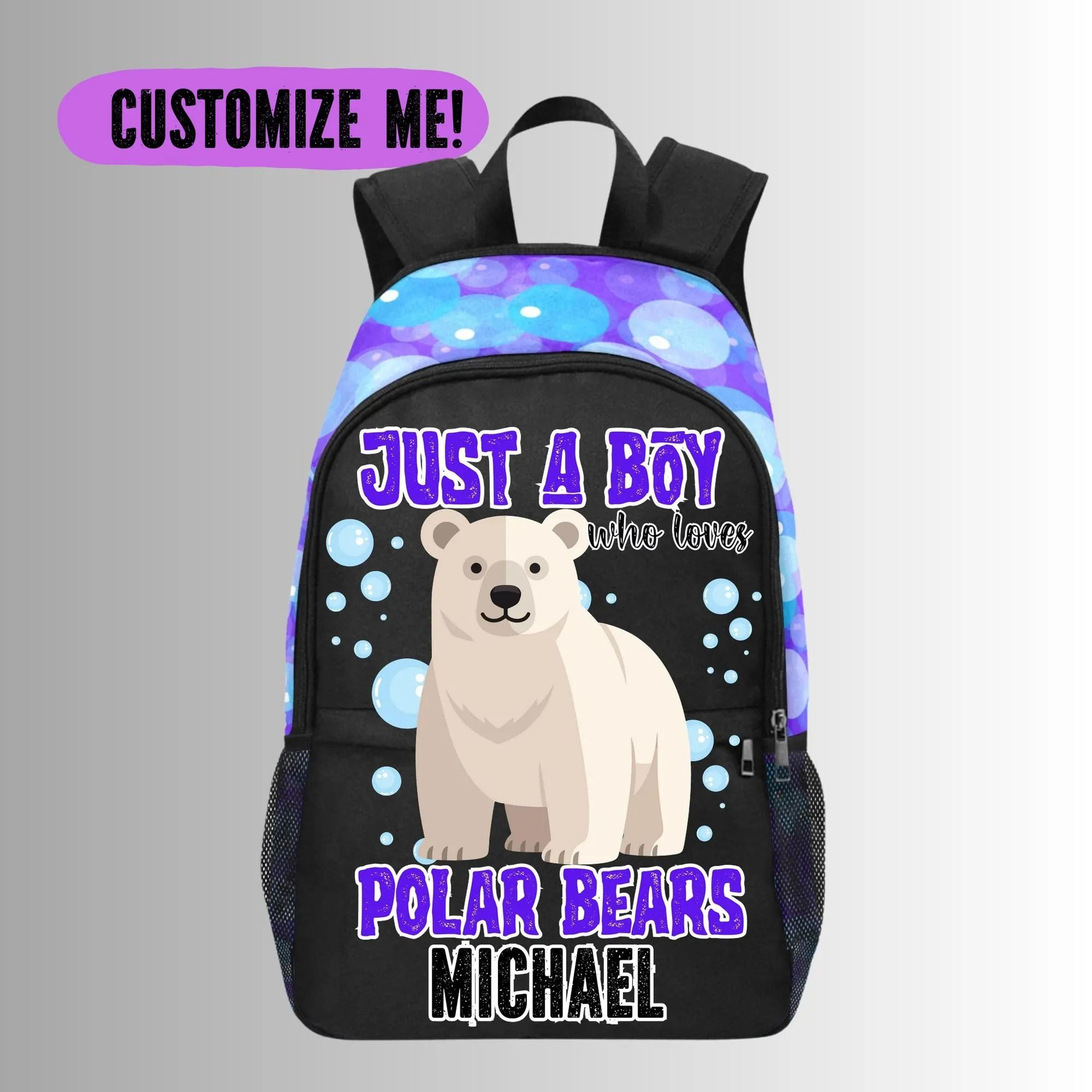 personalized polar bear kids backpack, custom name polar bear school bag for boys, arctic animal bookbag, back to school