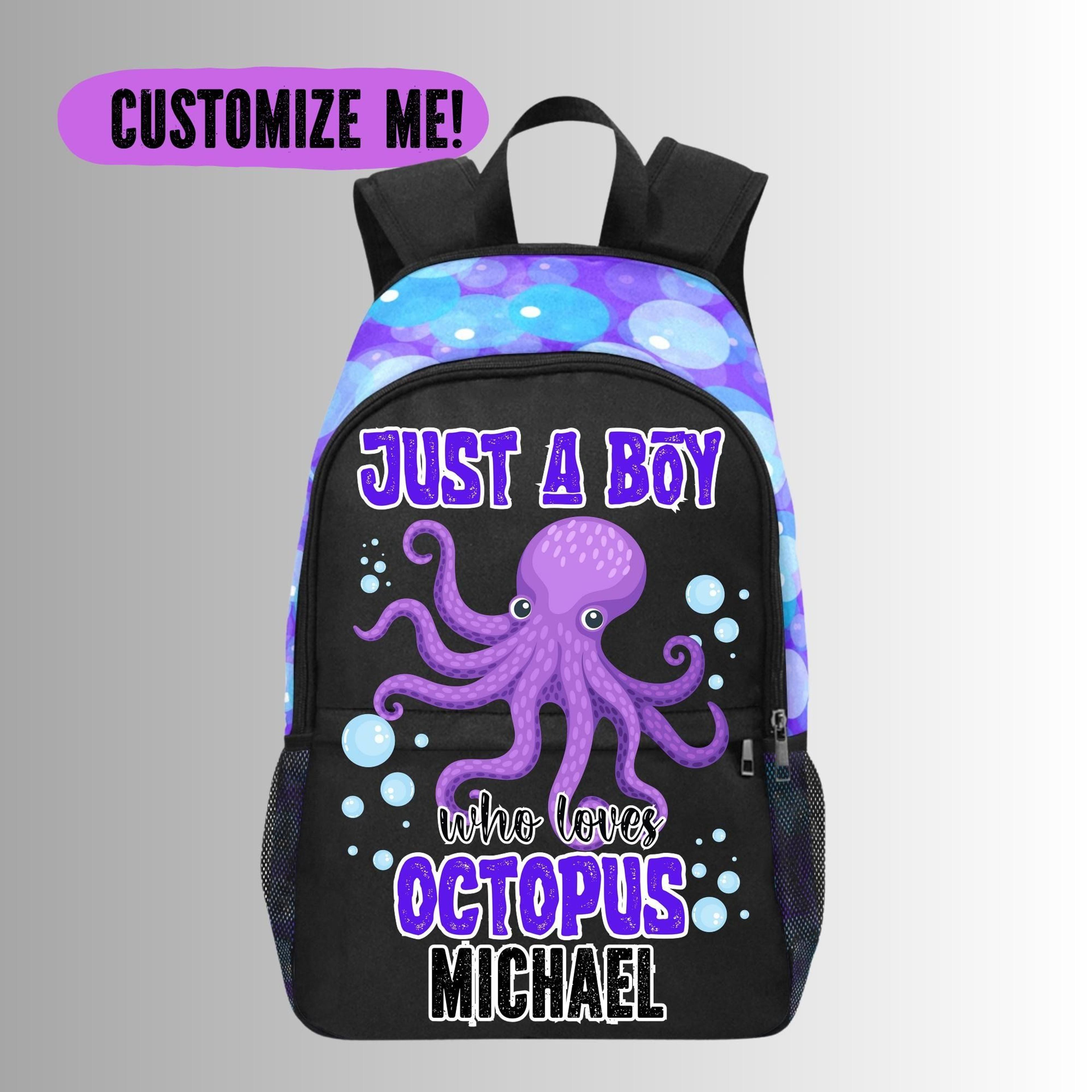 personalized octopus kids backpack, custom name octopus school bag for boys, ocean animal bookbag, sea life bags