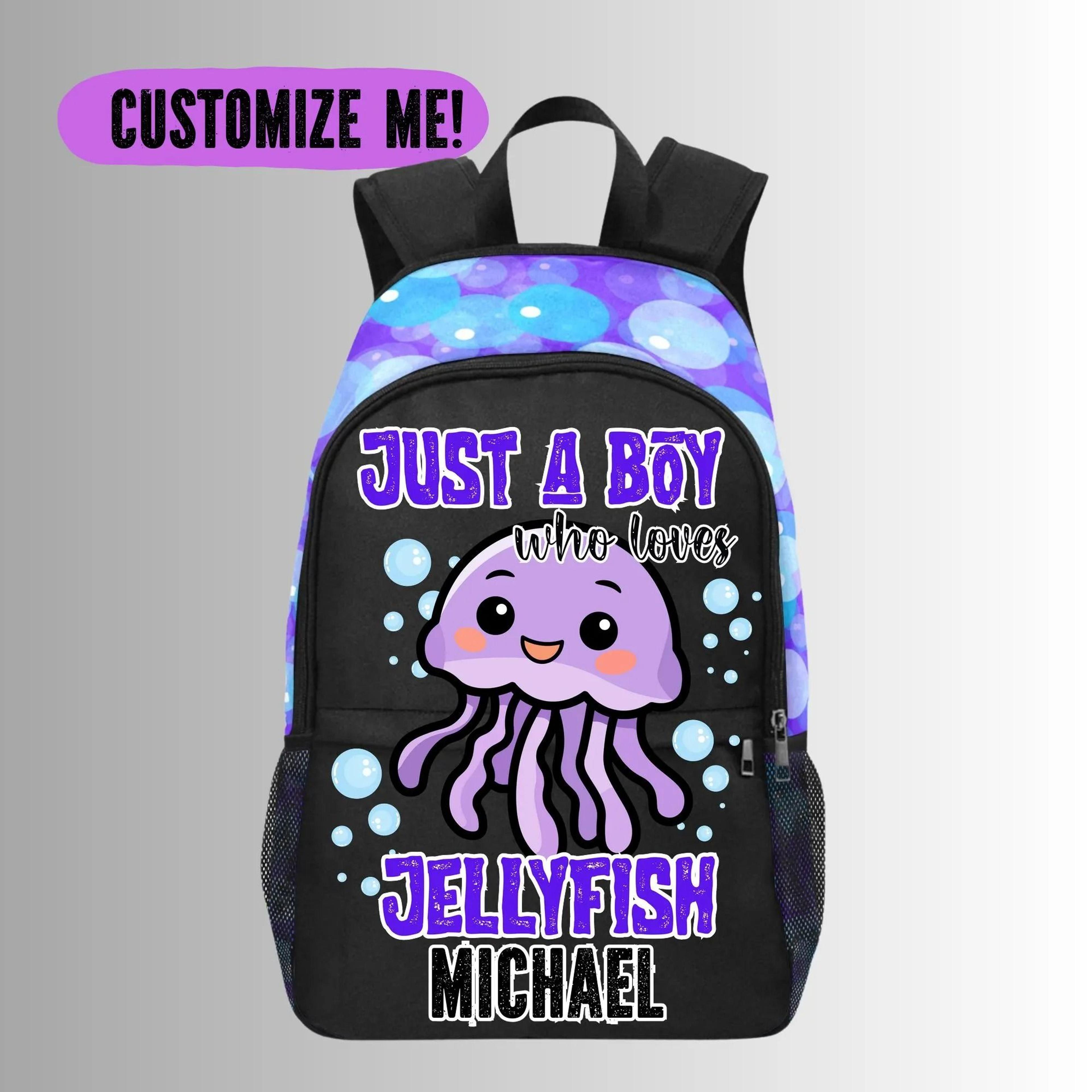 personalized jellyfish kids backpack, custom name jellyfish school bag for boys, ocean animal bookbag, sea life back to