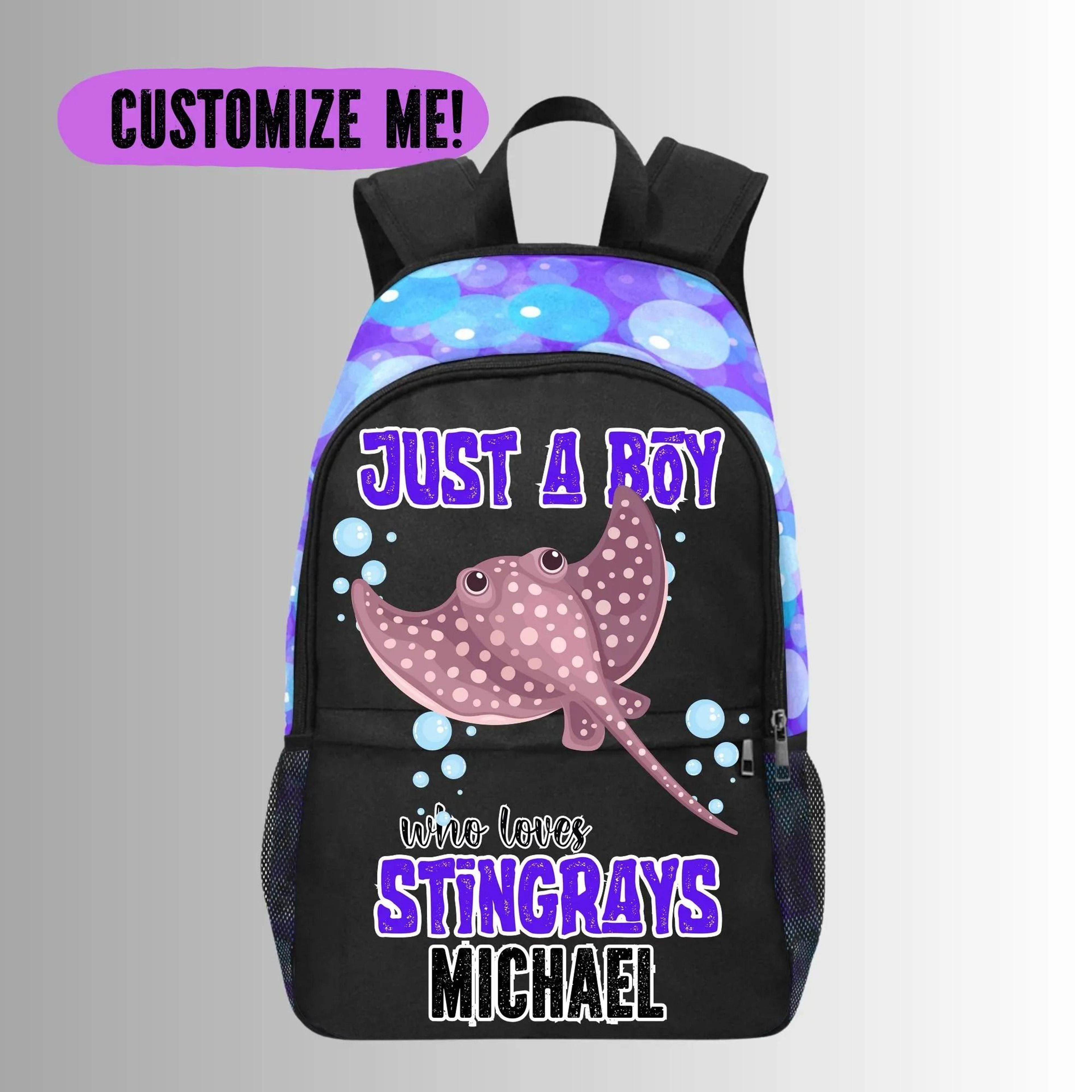 personalized stingray kids backpack, custom name stingray school bag for boys, ocean animal bookbag, sea life bags